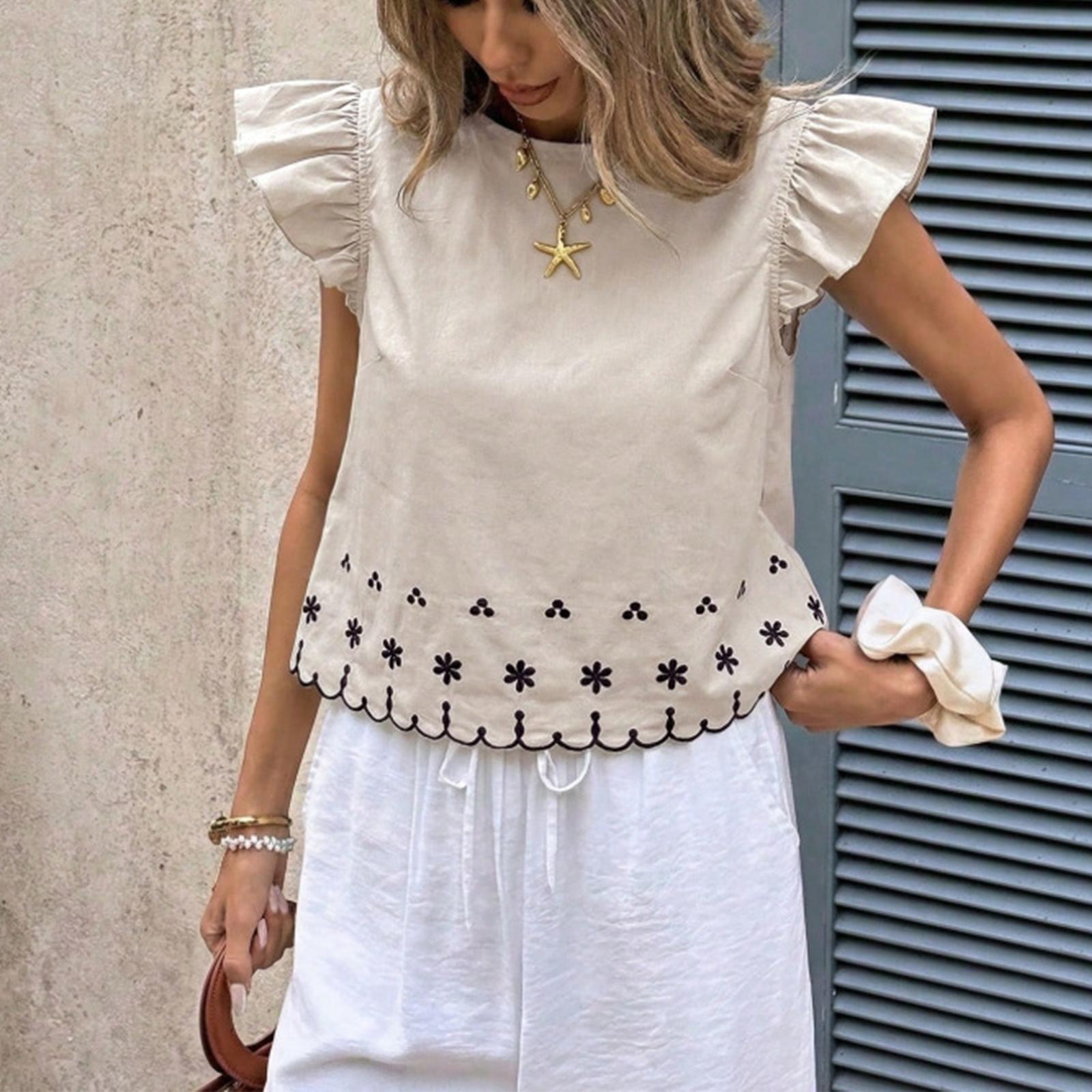 Women’s Flutter Sleeve Embroidered Floral Hem Blouse Summer Loose Fit Crew Neck Casual Top for Daily Wear S бежевый
Women’s Flutter Sleeve Embroidered Floral Hem Blouse Summer Loose Fit Crew Neck Casual Top for Daily Wear S бежевый