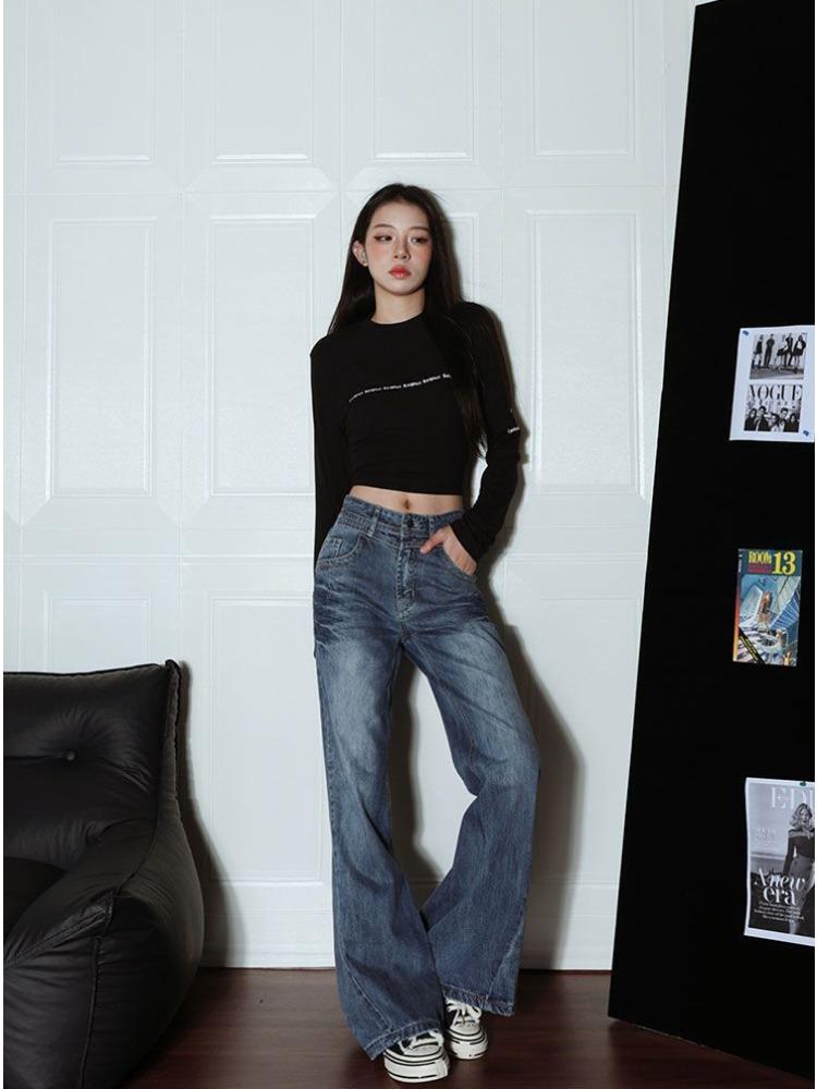 Женские джинсы Осень Синий Дизайнерский Смысл Большой Размер Низкая Посадка Свободные Тонкие Волочащиеся по Земле Прямые Широкие Штанины Длинные Брюки Джинсы для Женщин Длинные Джинсовые Брюки 4XL