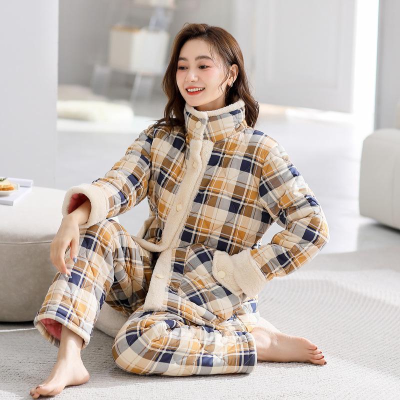 Пижама женская зимняя трехслойная утолщенная флисовая из чистого хлопка с хлопковой подкладкой осенне-зимняя коралловый флис теплая стеганая куртка очень толстая домашняя одежда 3XL