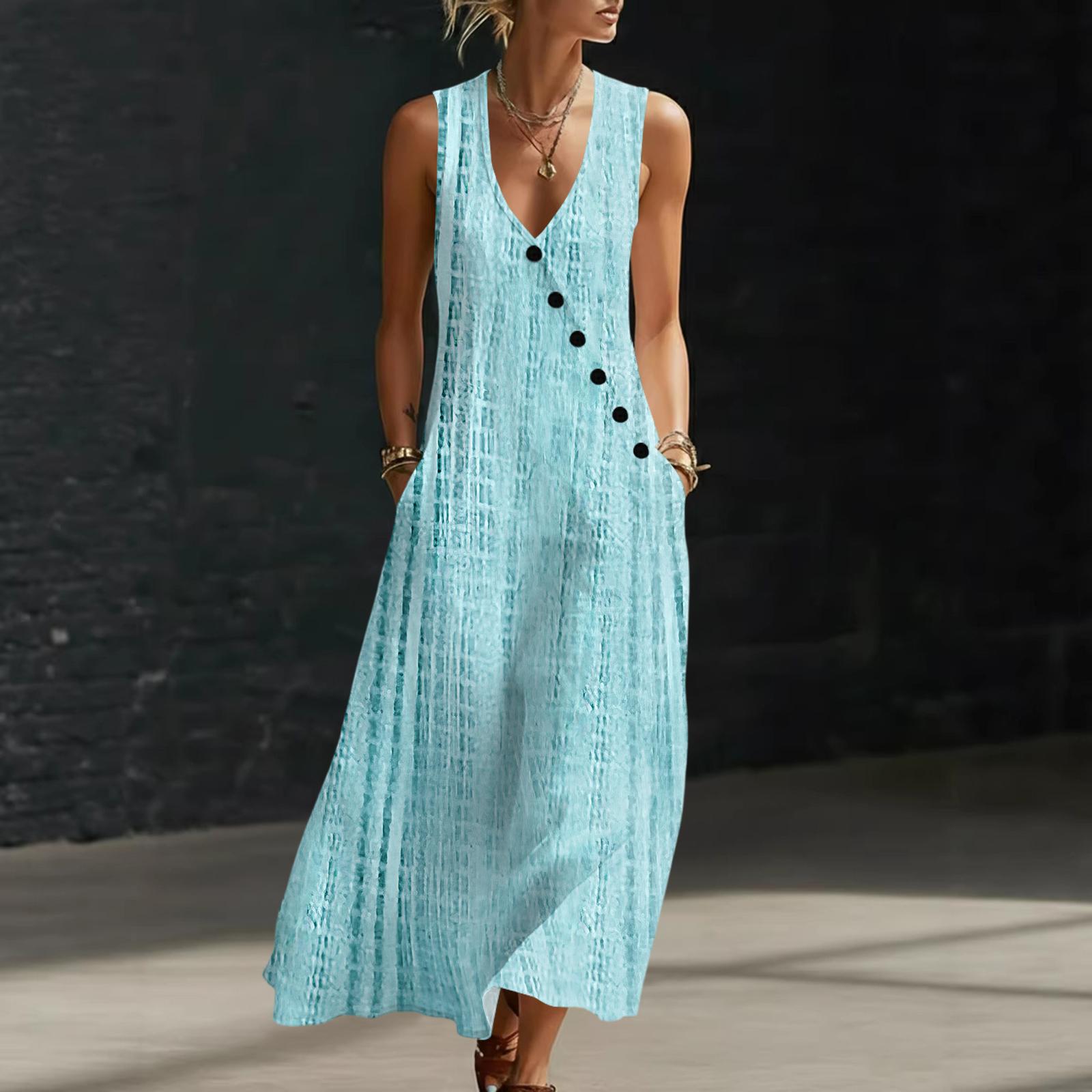 Sleeveless V Neck Floral Print Maxi Dress for Women Casual Bohemian Style Summer Long Sundress with Pockets M синий
Sleeveless V Neck Floral Print Maxi Dress for Women Casual Bohemian Style Summer Long Sundress with Pockets M синий