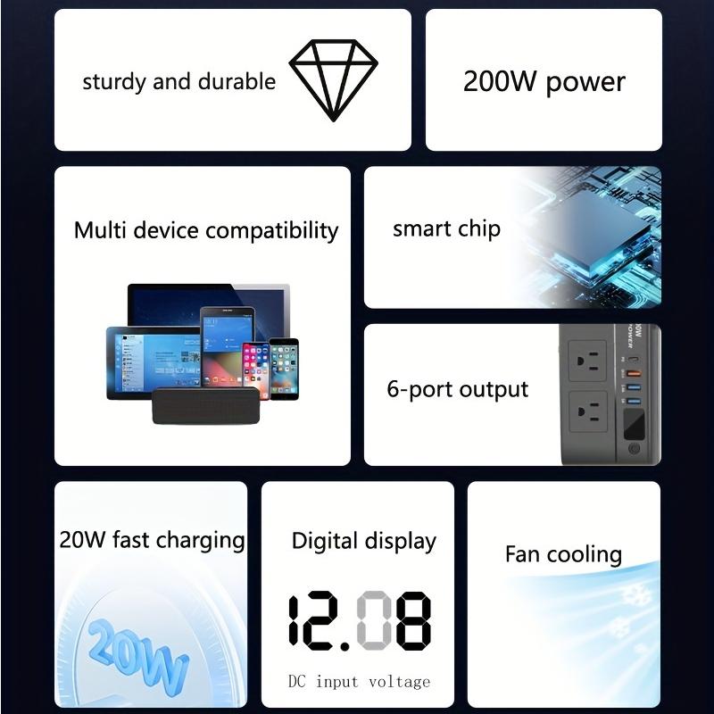 200W Car Power Inverter, DC 12V To 220V AC Car Inverter, 3 USB 1 Type-C Ports Charger Adapter Car Plug Converter With Switch And Current LED Screen 220V чёрный
200W Car Power Inverter, DC 12V To 220V AC Car Inverter, 3 USB 1 Type-C Ports Charger Adapter Car Plug Converter With Switch And Current LED Screen 220V чёрный