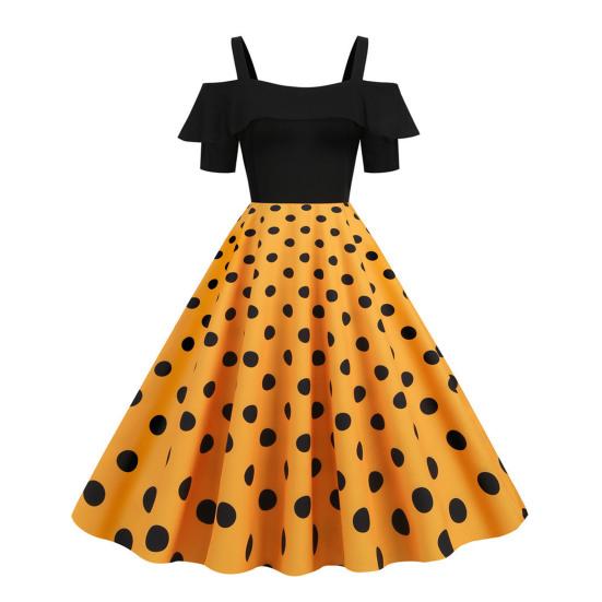 Жіноча сукня міді з відкритими плечима в стилі ретро з оборками, рукавами та крапковим принтом. S
Жіноча сукня міді з відкритими плечима в стилі ретро з оборками, рукавами та крапковим принтом. S