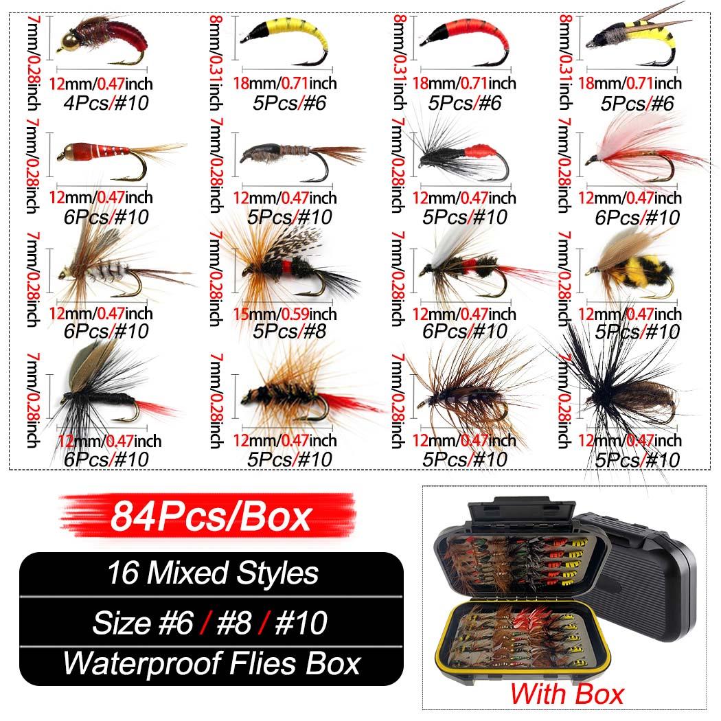 84 шт./кор. набор мушек для ловли нахлыстом, ассортимент мушек для ловли форели и окуня с коробкой для мушек, с сухими/мокрыми мушками, нимфами, стримерами 84Pcs/Box(16 Mixed Styles)
