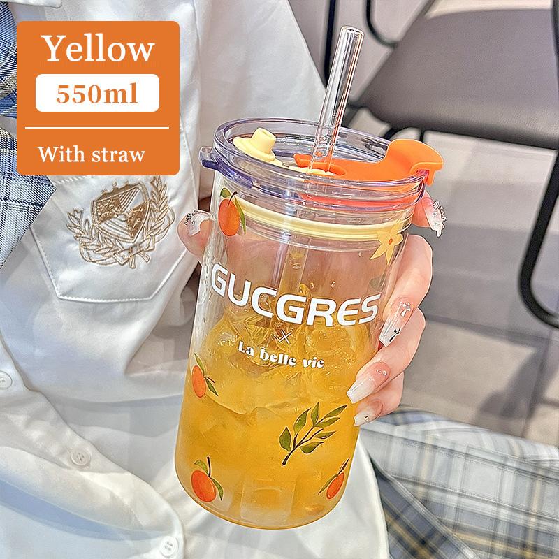 550 мл стеклянная чашка с цветком, прозрачные очки с крышкой и соломой, пузырьковая чашка для чая, кружка для ледяного кофе для сока, чашки для молока, воды, посуда для напитков 550ml