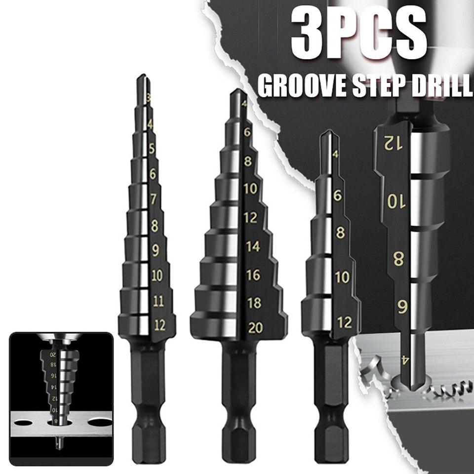 Hexagonal Handle Black Step Drill Bit Set 3-12/4-12/4-20/4-32mm for Expanding Holes and Tapered Drilling 3pc
Hexagonal Handle Black Step Drill Bit Set 3-12/4-12/4-20/4-32mm for Expanding Holes and Tapered Drilling 3pc