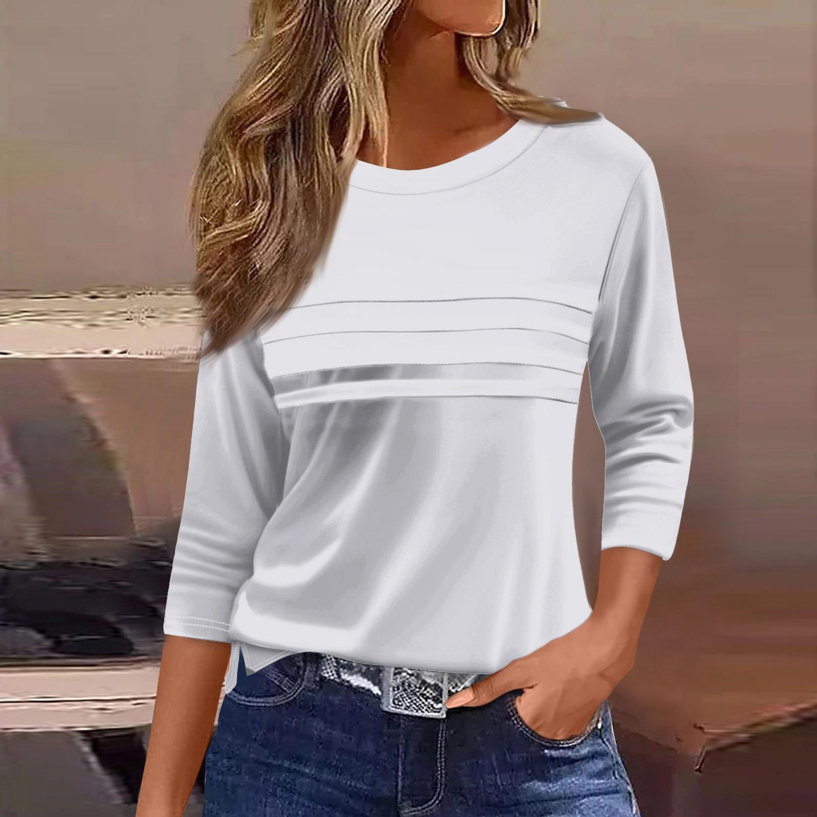 Женская мода повседневный свободный топ с рукавом 3/4 в полоску с круглым вырезом XL белый