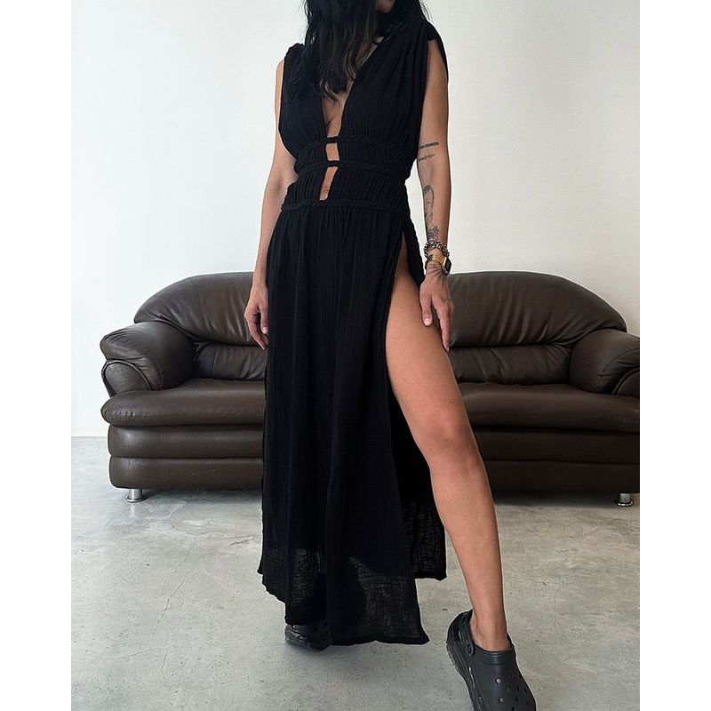 Bohemia Style Blended Sleeveless Braid Belt Cut Out Slit Dress Black All yards
Bohemia Style Blended Sleeveless Braid Belt Cut Out Slit Dress Black All yards
