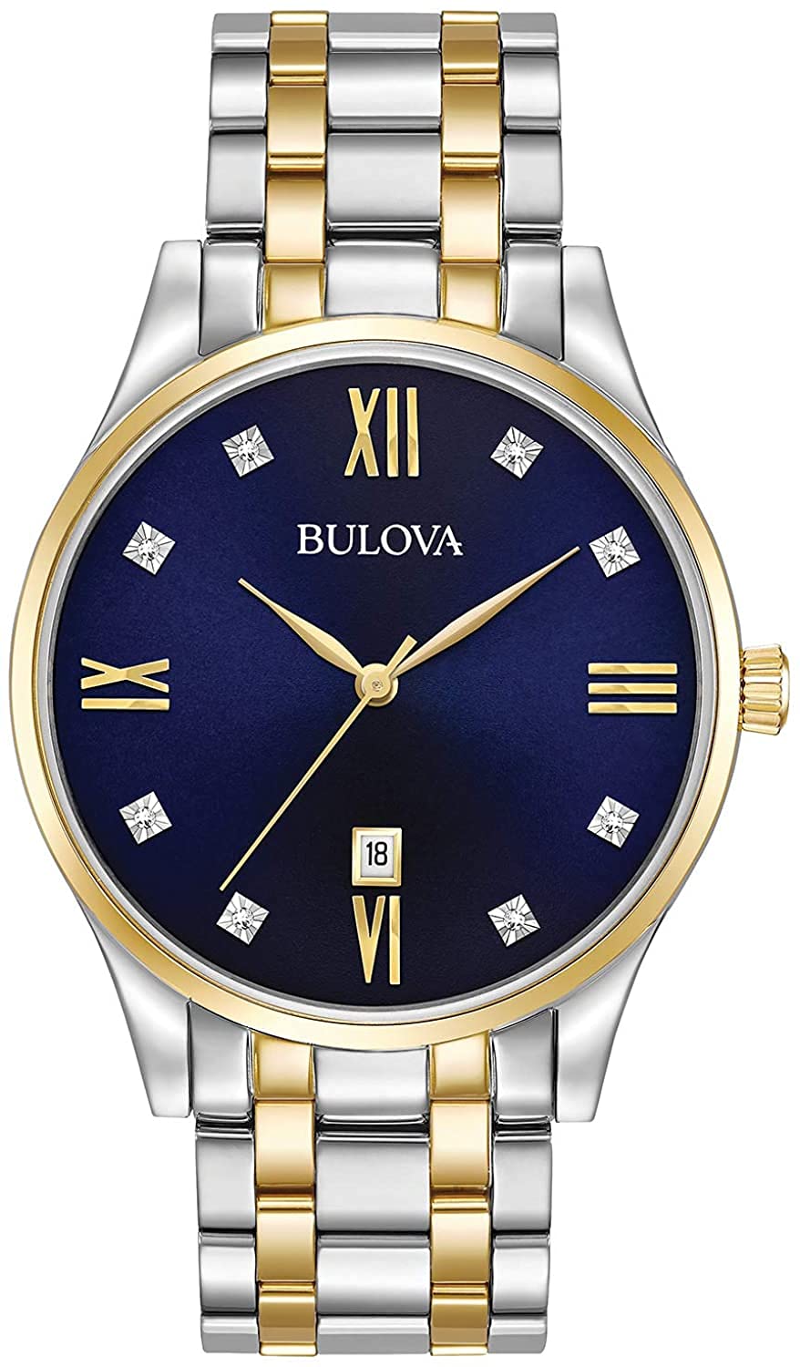 Bulova Men s Classic Two-Tone Stainless Steel 3-Hand Calendar Date Quartz Watch with Diamonds and Blue Dial Style: 98D130
Bulova Men s Classic Two-Tone Stainless Steel 3-Hand Calendar Date Quartz Watch with Diamonds and Blue Dial Style: 98D130
