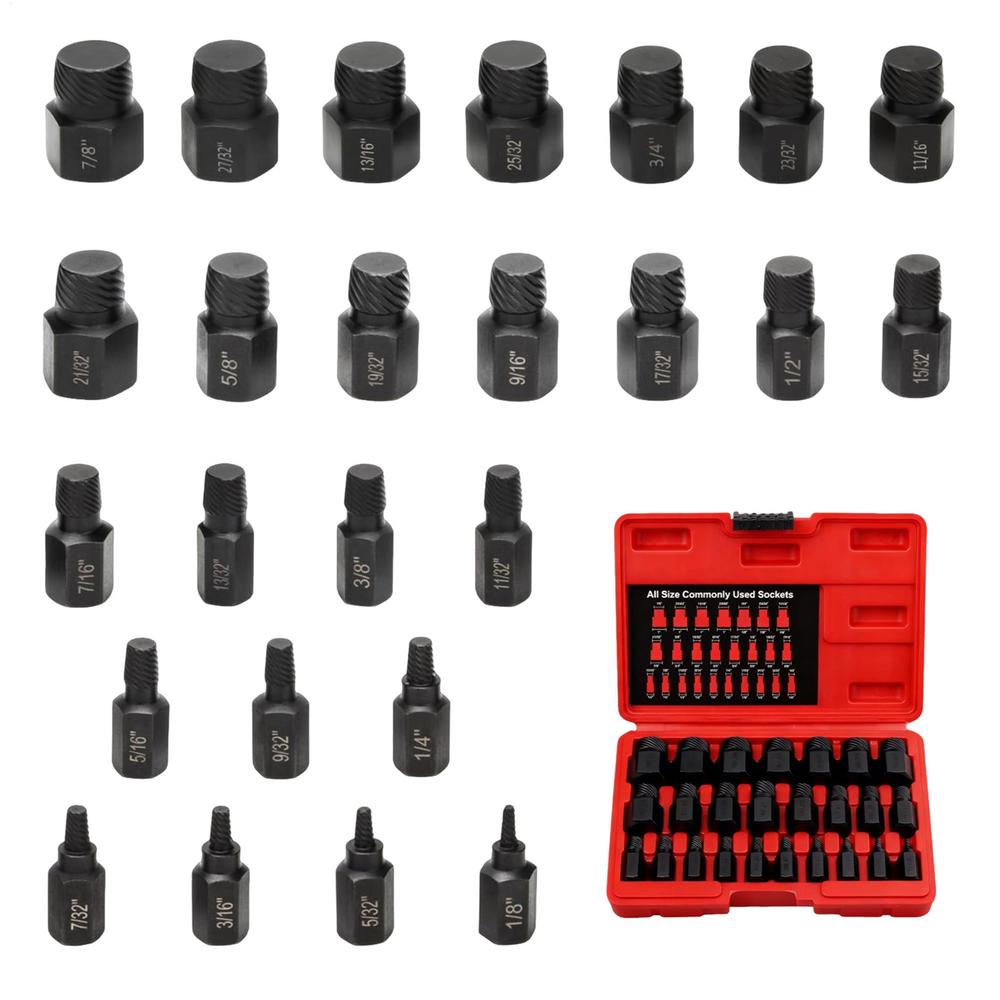 Bolt Extractor Set Easy Out Metal Heavy Duty Hand Tools 25-Piece Stripped Lug Nut Remover For Damaged Stripped Broken Screws чорний
Bolt Extractor Set Easy Out Metal Heavy Duty Hand Tools 25-Piece Stripped Lug Nut Remover For Damaged Stripped Broken Screws чорний