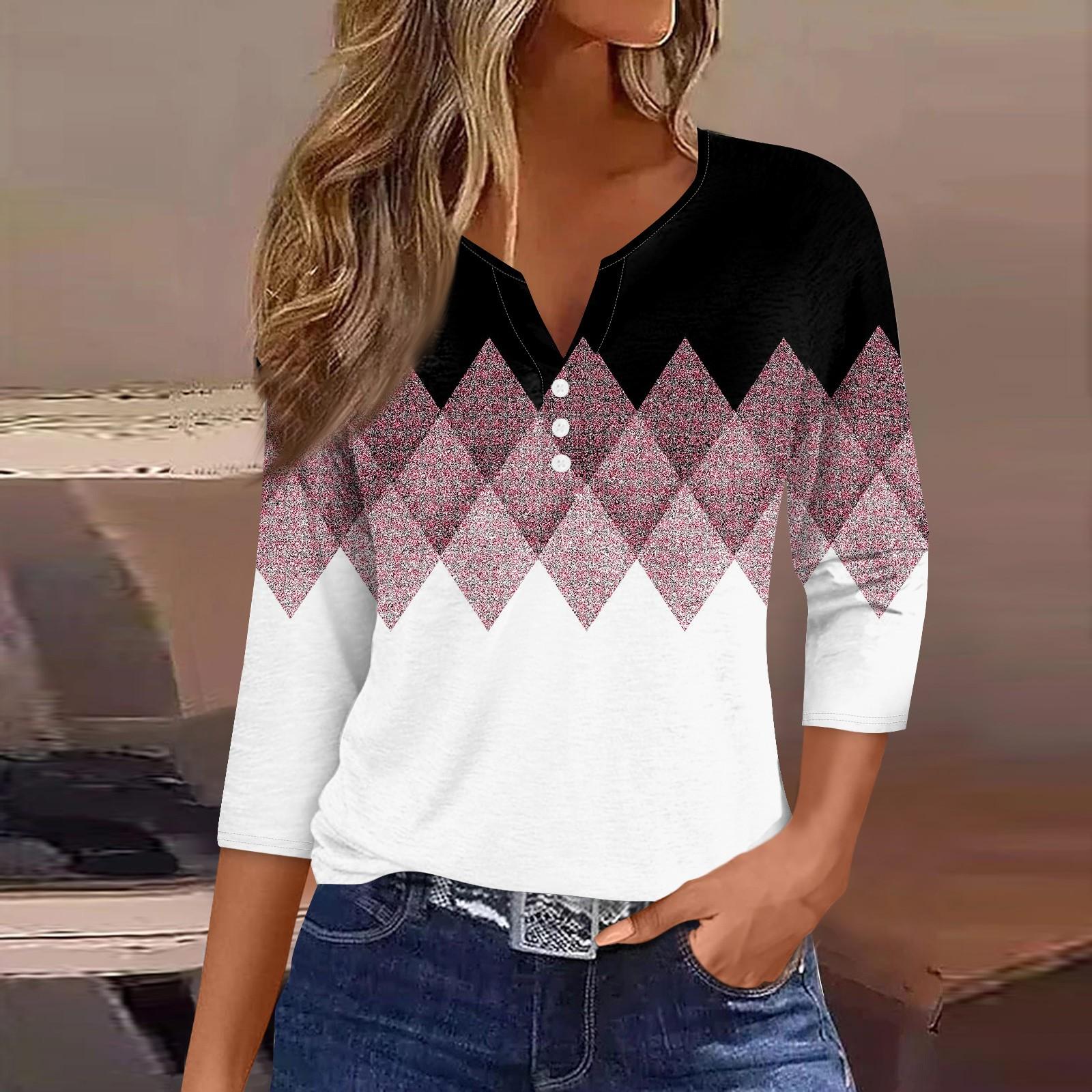 Жен. Футболка Футболка С принтом Пуговицы Рукав 3/4 Повседневные Выходные Мода Классический Классический V-образный вырез Обычный Верх XL