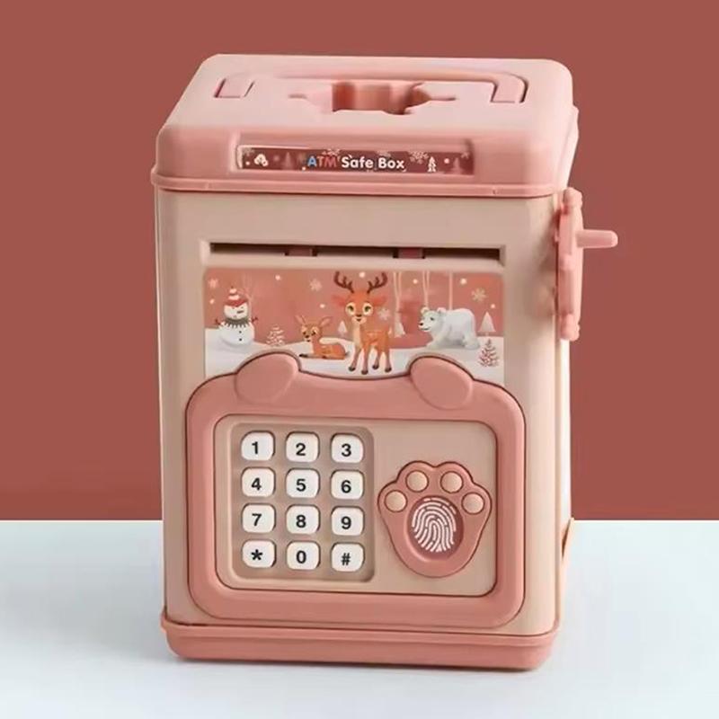 Мультяшный банкомат, копилка для денег, игрушка с ручкой для детей, электронная большая копилка для сбережений, пароль, цифровой отпечаток пальца розовый