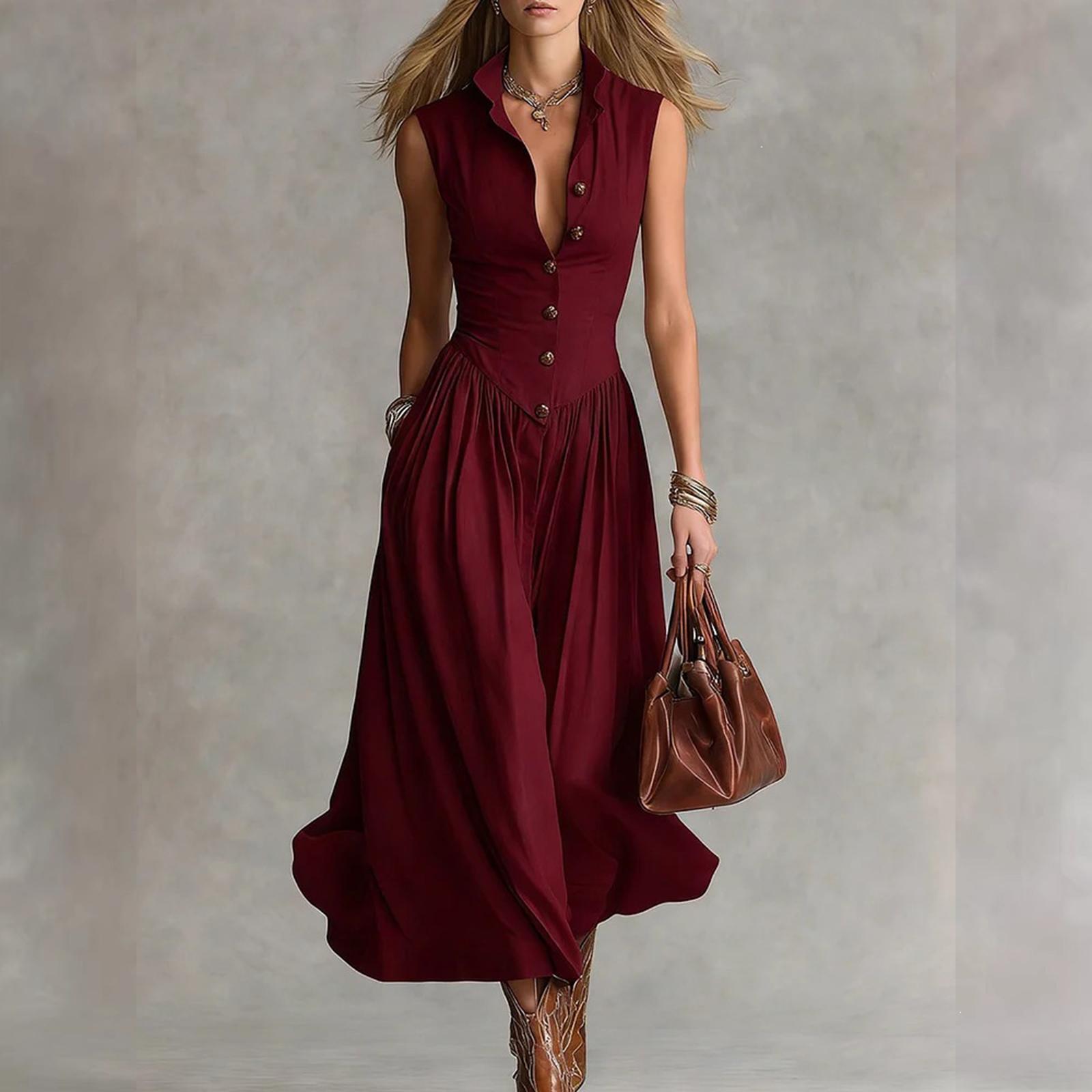 Sleeveless Button Down Maxi Dress with V Neck and Flared Skirt for Women Casual Loose Fit Long Dress Summer Wear XXL винний
Sleeveless Button Down Maxi Dress with V Neck and Flared Skirt for Women Casual Loose Fit Long Dress Summer Wear XXL винний