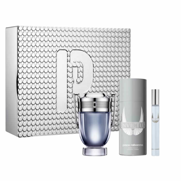 Paco Rabanne Invictus Eau De Toilette Spray 100ml Set 3 Pieces 
Paco Rabanne Invictus Eau De Toilette Spray 100ml Set 3 Pieces