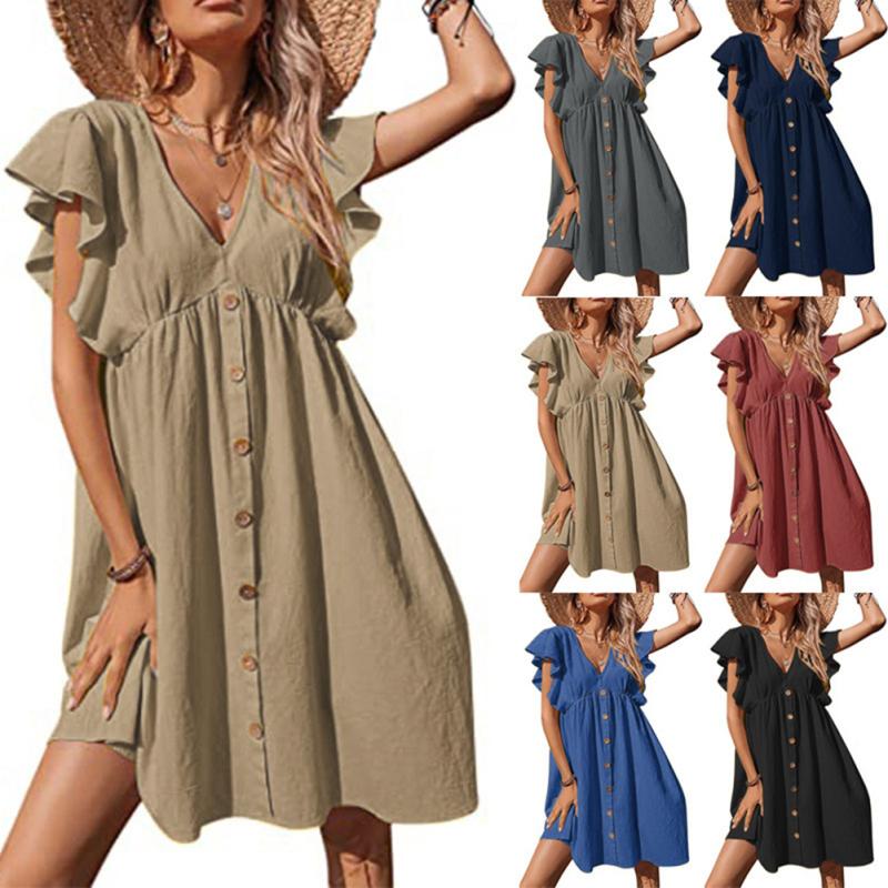 Summer Short Sleeve V Neck Dress Trendy Petal Sleeve High Waist A-line Skirt Simple Solid Color Casual Button Mid Skirt
Summer Short Sleeve V Neck Dress Trendy Petal Sleeve High Waist A-line Skirt Simple Solid Color Casual Button Mid Skirt