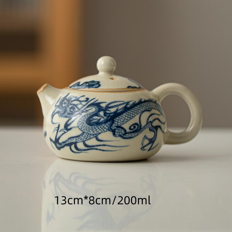 Ru Kiln Blue and White Dragon Pattern Porcelain Teapot High-End Tea Bowl Tea Ceremony Set Hand-Held Teapot KungFu Tea Set
Ru Kiln Blue and White Dragon Pattern Porcelain Teapot High-End Tea Bowl Tea Ceremony Set Hand-Held Teapot KungFu Tea Set