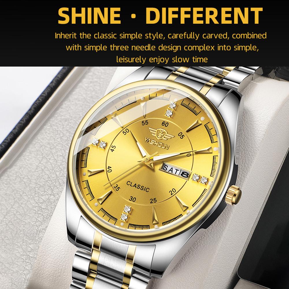 YASHIDUN 5069 Steel Strap Stylish Quartz Watch Men Luminous Calendar Wrist Watch Gold Dial
YASHIDUN 5069 Steel Strap Stylish Quartz Watch Men Luminous Calendar Wrist Watch Gold Dial
