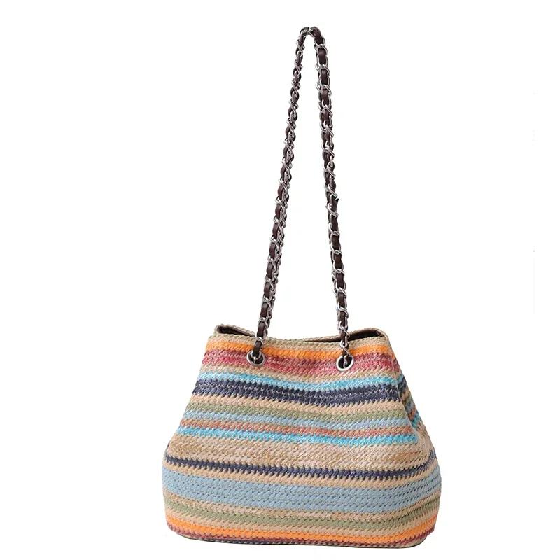Новая женская сумка через плечо с замком из ткани, в полоску, с цепочкой, модная, через плечо, мягкая, универсальная, сумка-ведро для поездок на работу