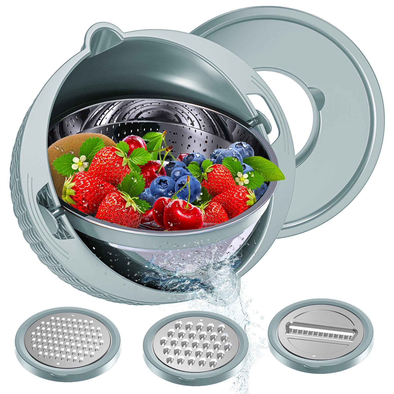 Многофункциональная вращающаяся двухслойная кухонная корзина из нержавеющей стали с теркой для мытья фруктов и овощей. светло-синий