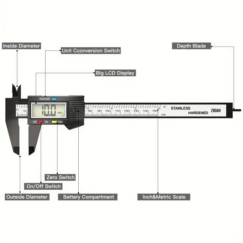 1pc LCD Display Digital Electronic Vernier Caliper Micrometer Carbon Fiber Durable Caliper for Woodworking, Metalworking Etc
1pc LCD Display Digital Electronic Vernier Caliper Micrometer Carbon Fiber Durable Caliper for Woodworking, Metalworking Etc