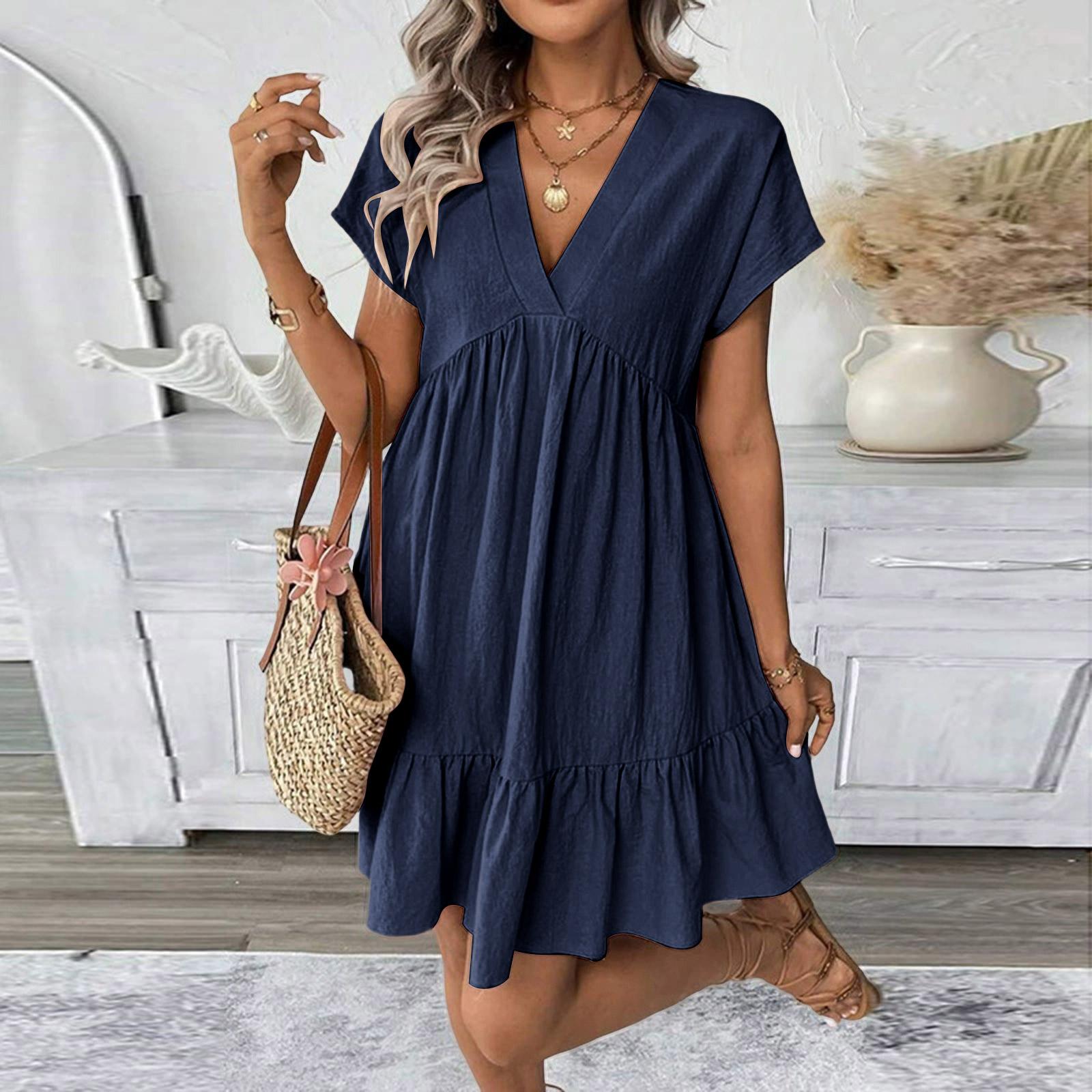 Linen Dress For Women Short Sleeve V Neck Button Down Loose Fit Vacation Cotton Tunic S Темно-синій
Linen Dress For Women Short Sleeve V Neck Button Down Loose Fit Vacation Cotton Tunic S Темно-синій