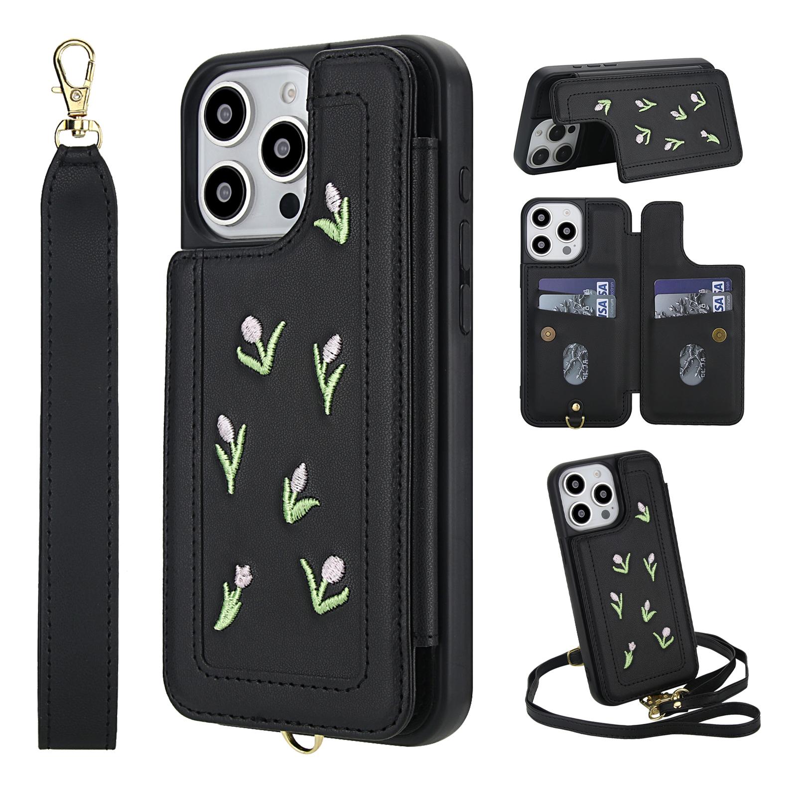 For iPhone 15 Pro Max Case Embroidered Tulips PU Leather Card Holder Back Cover with Shoulder Strap/Wrist Strap Black
For iPhone 15 Pro Max Case Embroidered Tulips PU Leather Card Holder Back Cover with Shoulder Strap/Wrist Strap Black