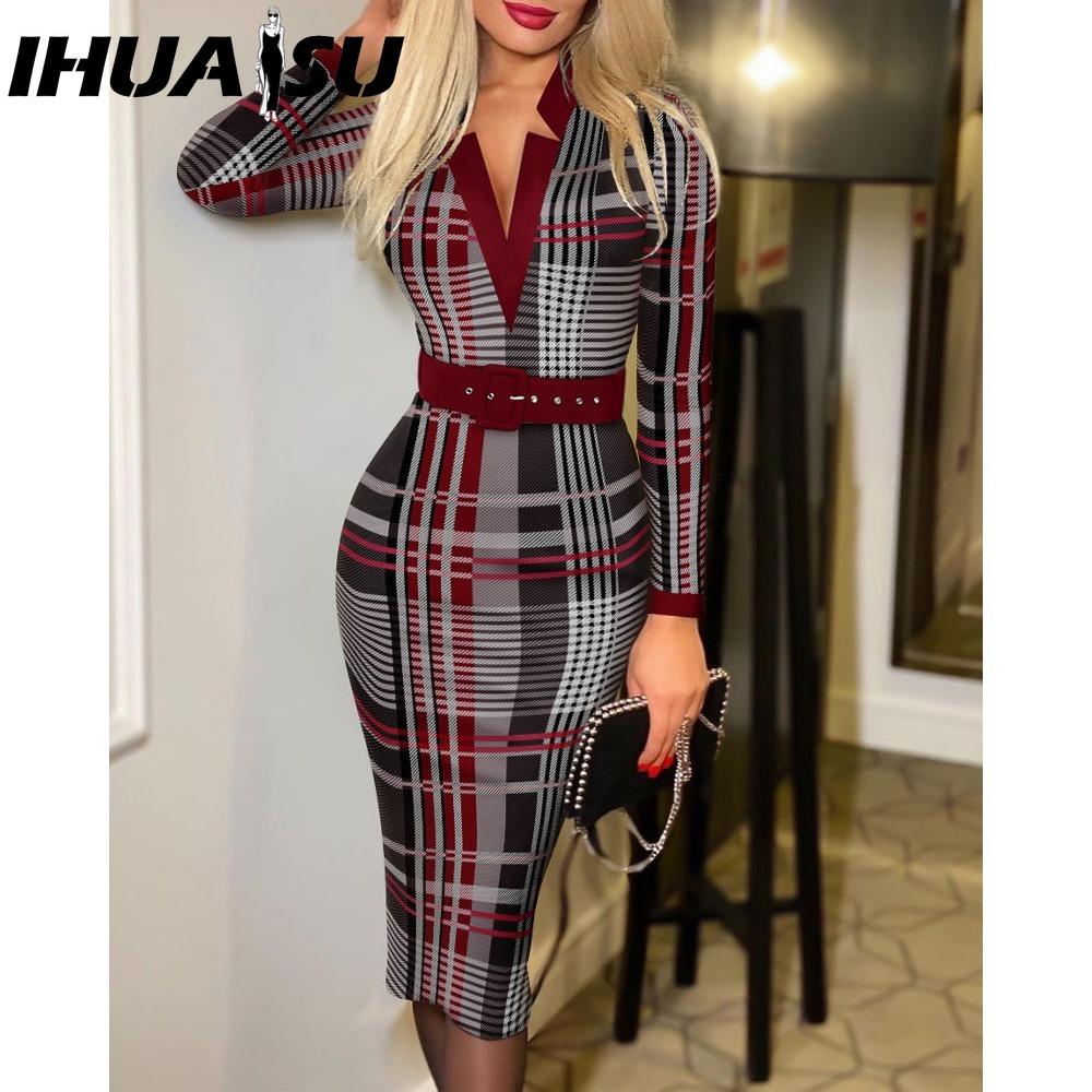 IHUASU Женская мода Весна Осень Длинный рукав V-образный вырез Завышенная талия Повседневные платья XXXL