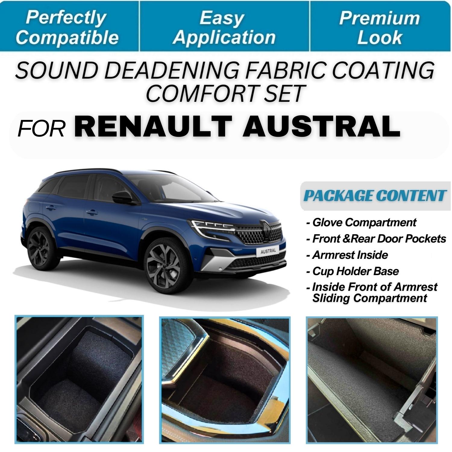 For Renault Austral - Sound Deadening Fabric Coating Comfort Set - Soundproofing & Acoustic Vibration Control for a Quiet Noise-Free Drive
For Renault Austral - Sound Deadening Fabric Coating Comfort Set - Soundproofing & Acoustic Vibration Control for a Quiet Noise-Free Drive