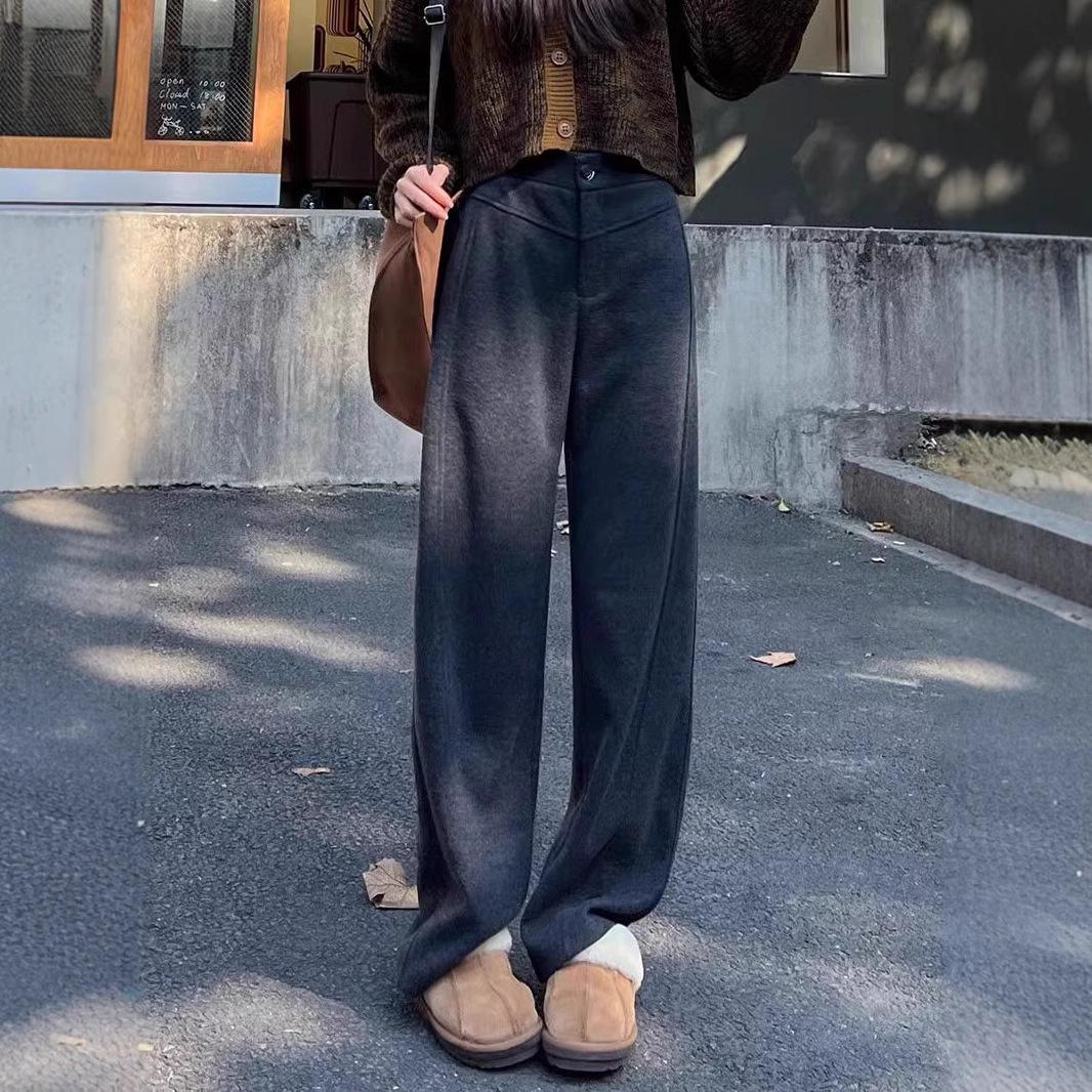 Серые брюки-палаццо из шерсти с узором «гусиная лапка» для осени/зимы XL (up to 130 lbs)