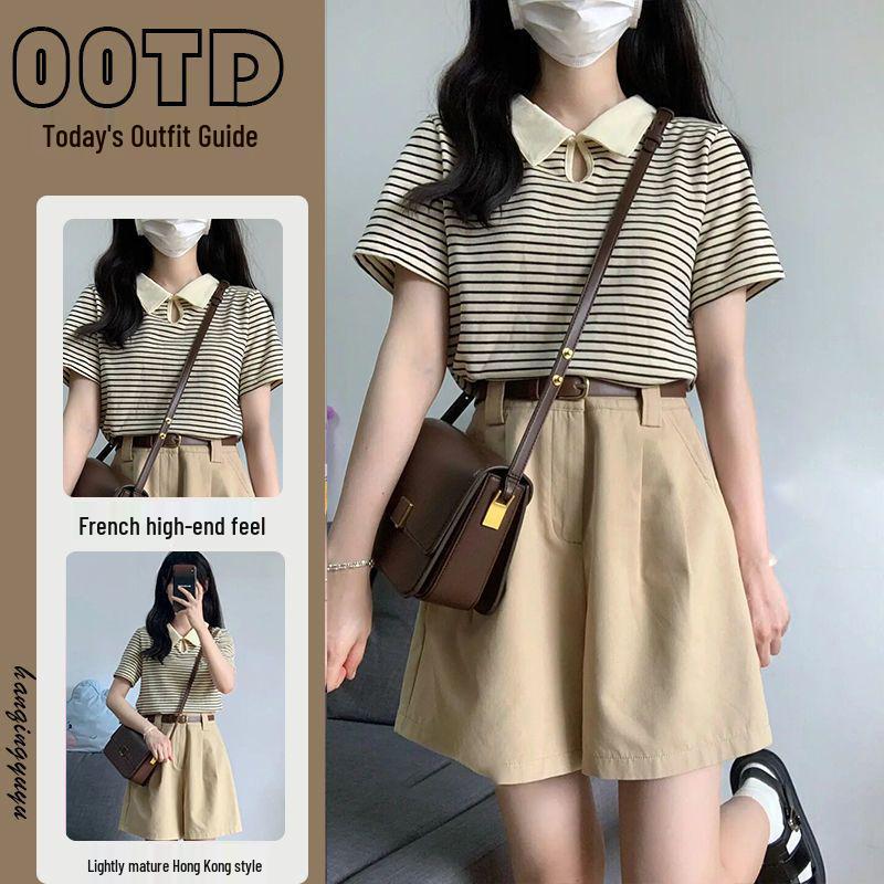 Two-Piece Summer Set: Striped Polo Collar T-Shirt & Khaki Drawstring Shorts for Women M (suggested 90-110 jin)
Two-Piece Summer Set: Striped Polo Collar T-Shirt & Khaki Drawstring Shorts for Women M (suggested 90-110 jin)