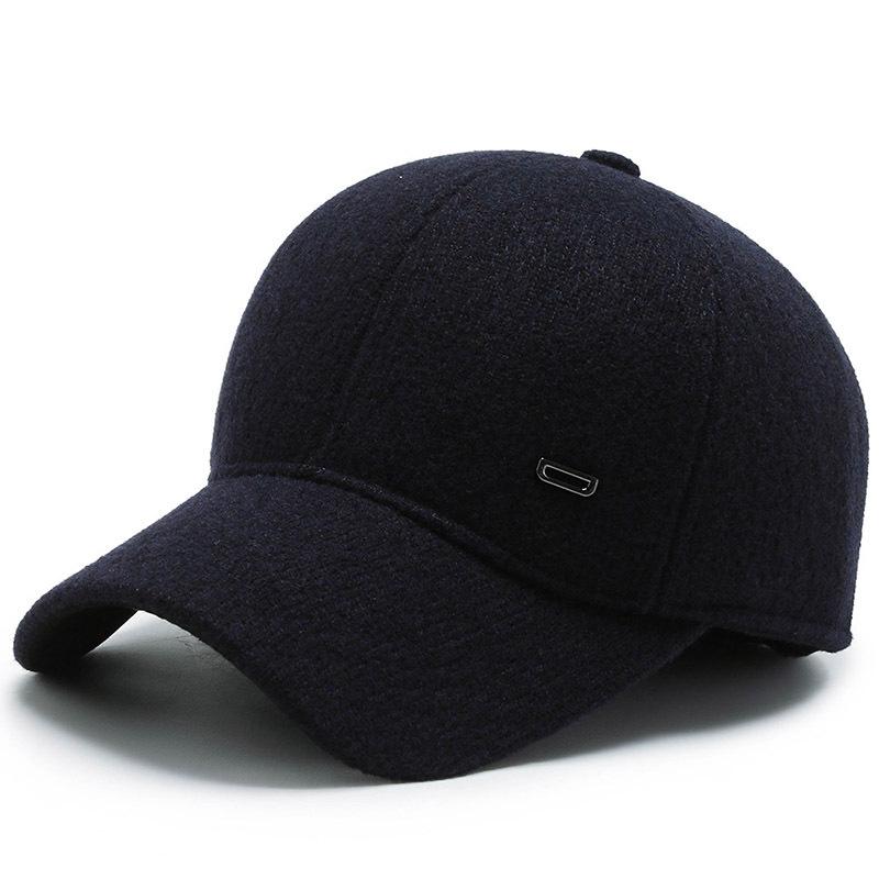 Мужская бейсбольная кепка, осенне-зимняя шерстяная шапка для среднего и пожилого возраста, толстая теплая кепка с защитой ушей, кепка для старика темно-синий