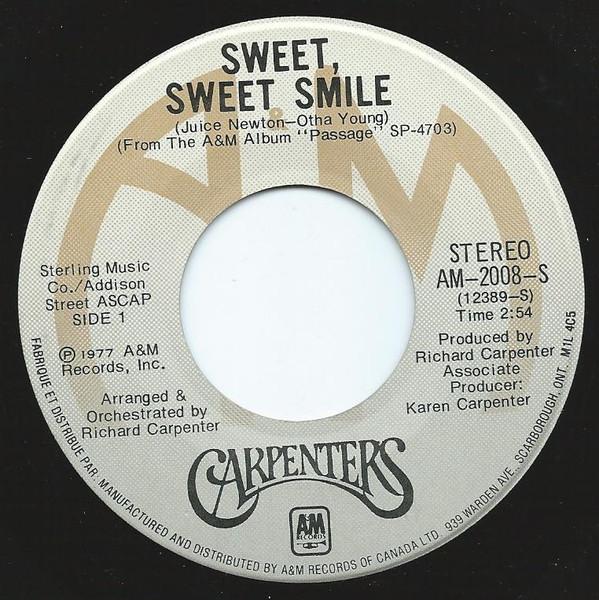 7inch Record CARPENTERS Sweet Sweet Smile AM2008 AM Records 1977 Canada Pop Used
7inch Record CARPENTERS Sweet Sweet Smile AM2008 AM Records 1977 Canada Pop Used