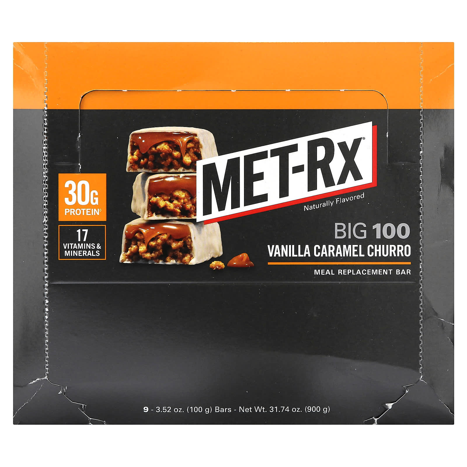 MET-Rx, Big 100, Meal Replacement Bar, Vanilla Caramel Churro, 9 Bars, 3.52 oz (100 g) Each
MET-Rx, Big 100, Meal Replacement Bar, Vanilla Caramel Churro, 9 Bars, 3.52 oz (100 g) Each
