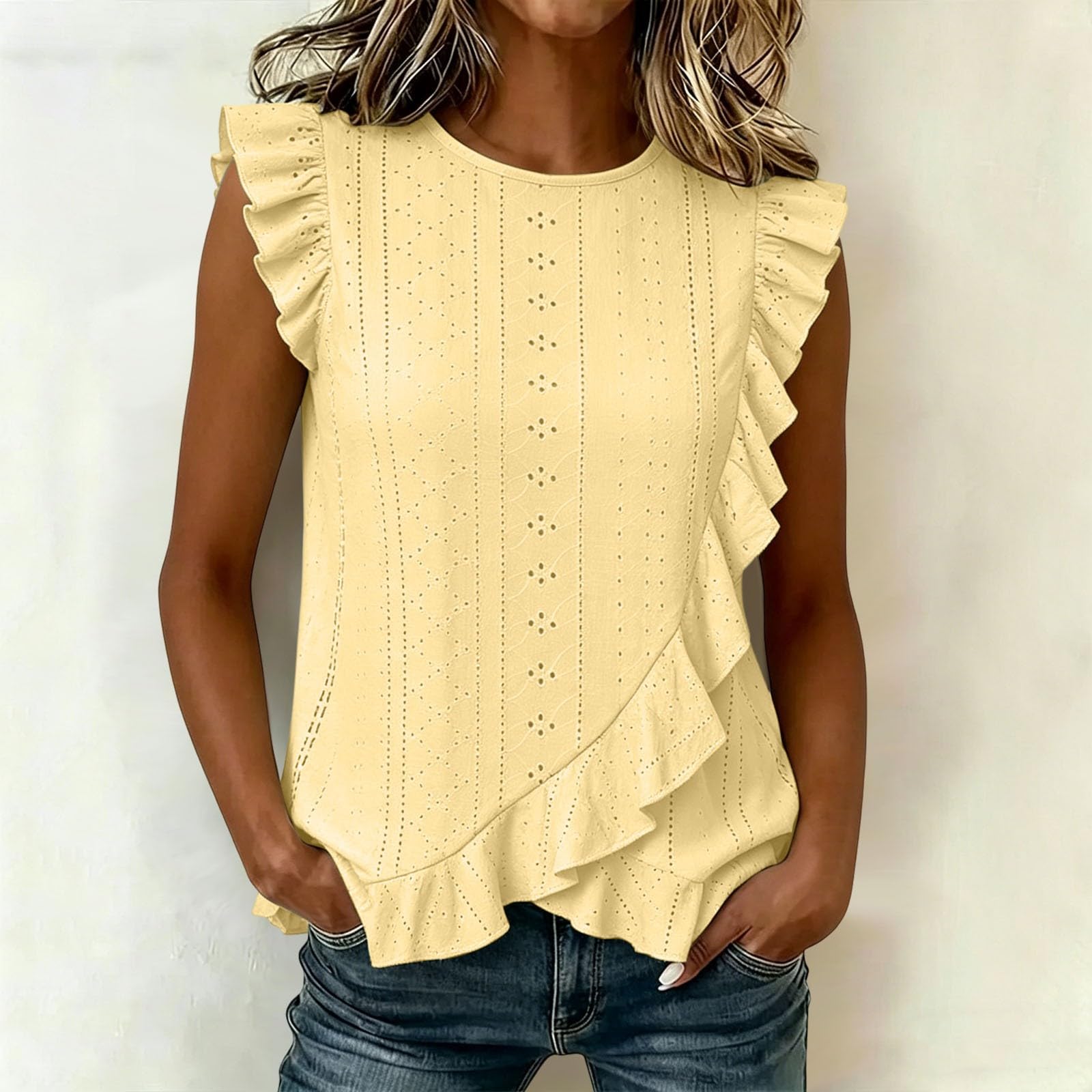 Women Casual Fashion Ruffle Sleeve Asymmetric Hem Top Lightweight Breathable Summer Blouse with Eyelet Pattern M жовтий
Women Casual Fashion Ruffle Sleeve Asymmetric Hem Top Lightweight Breathable Summer Blouse with Eyelet Pattern M жовтий