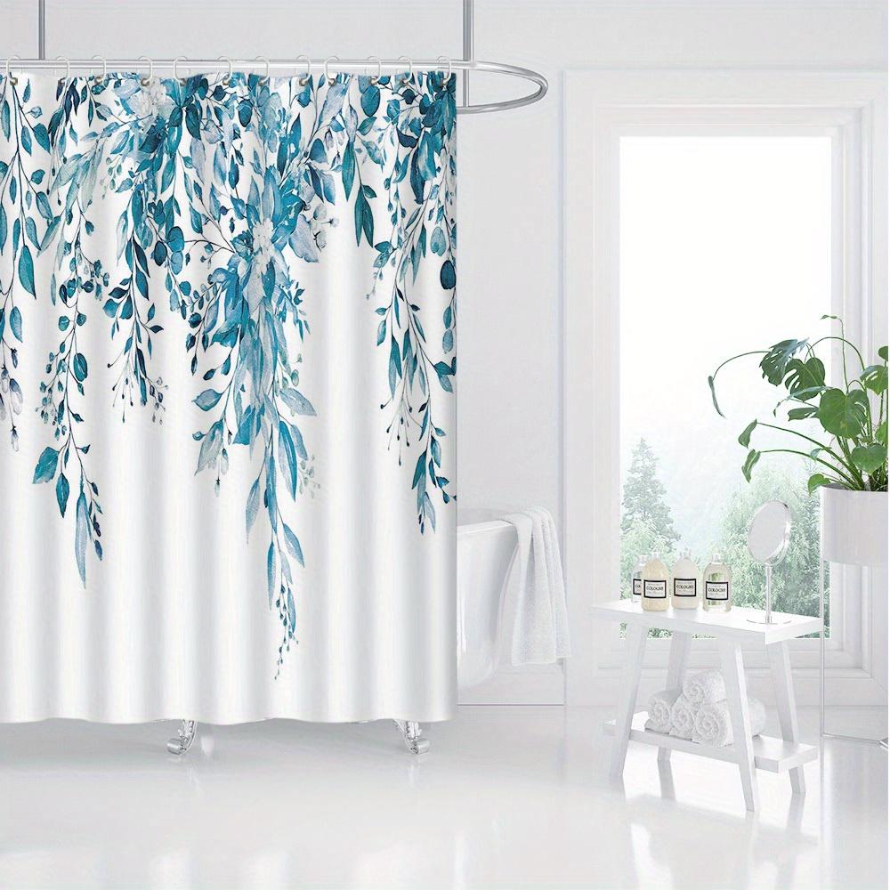 1 Полиэстеровая шторка для душа с принтом синих листьев - Цифровая печать высокого разрешения, машинная стирка, с деталями-люверсами для легкого подвешивания 90X180cm