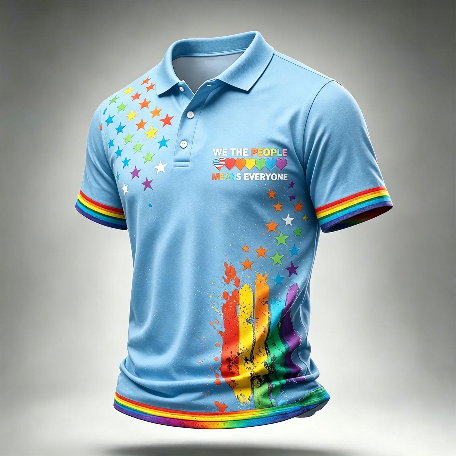 Short Sleeve Polo Shirt with Star Pattern Print and Rainbow Accents Casual Fit Button Down Collar Top XXXXL
Short Sleeve Polo Shirt with Star Pattern Print and Rainbow Accents Casual Fit Button Down Collar Top XXXXL