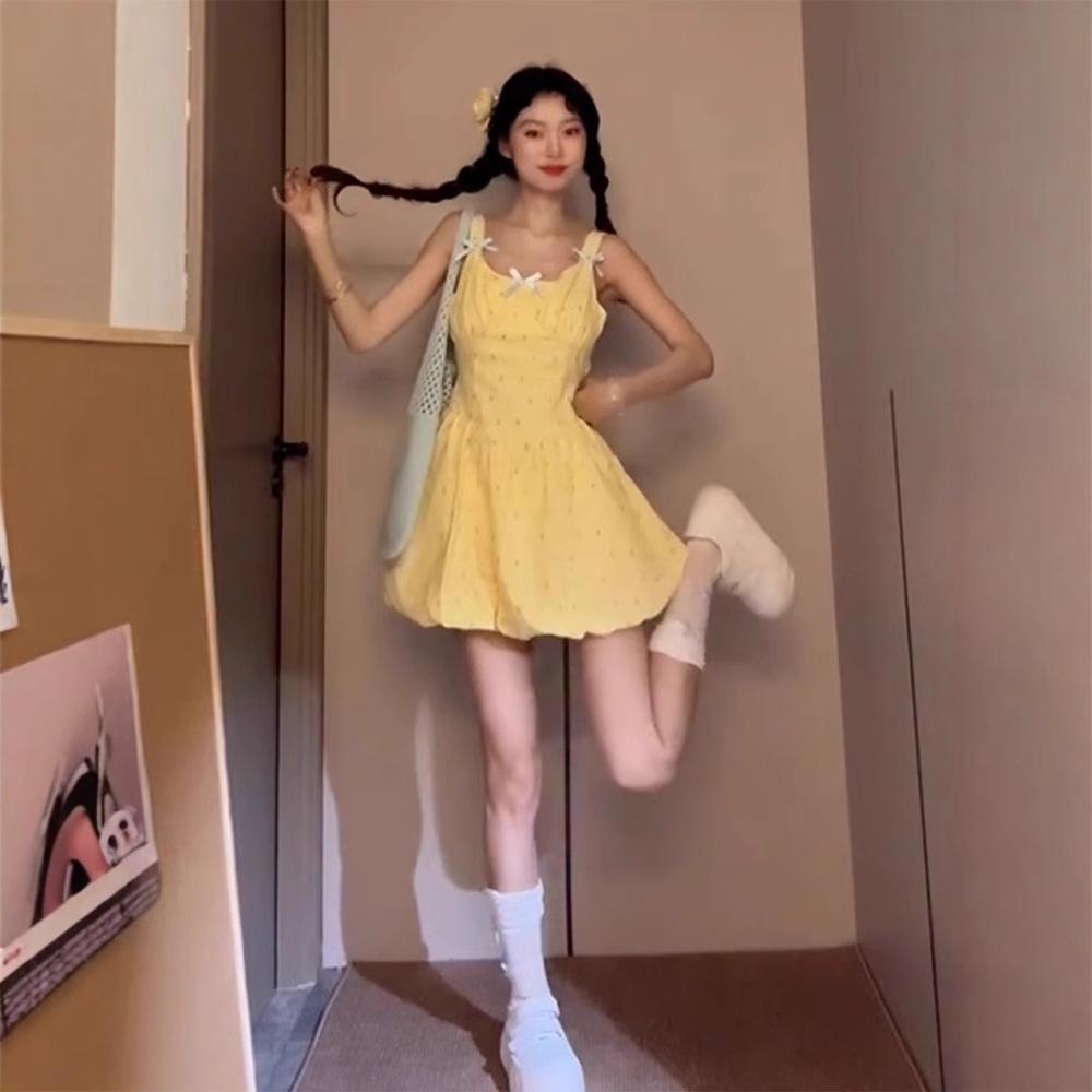 Милое маленькое желтое платье-тюльпан в горошек - на бретельках-спагетти, с приталенным силуэтом, пышной юбкой, летний стиль L Premium жёлтый