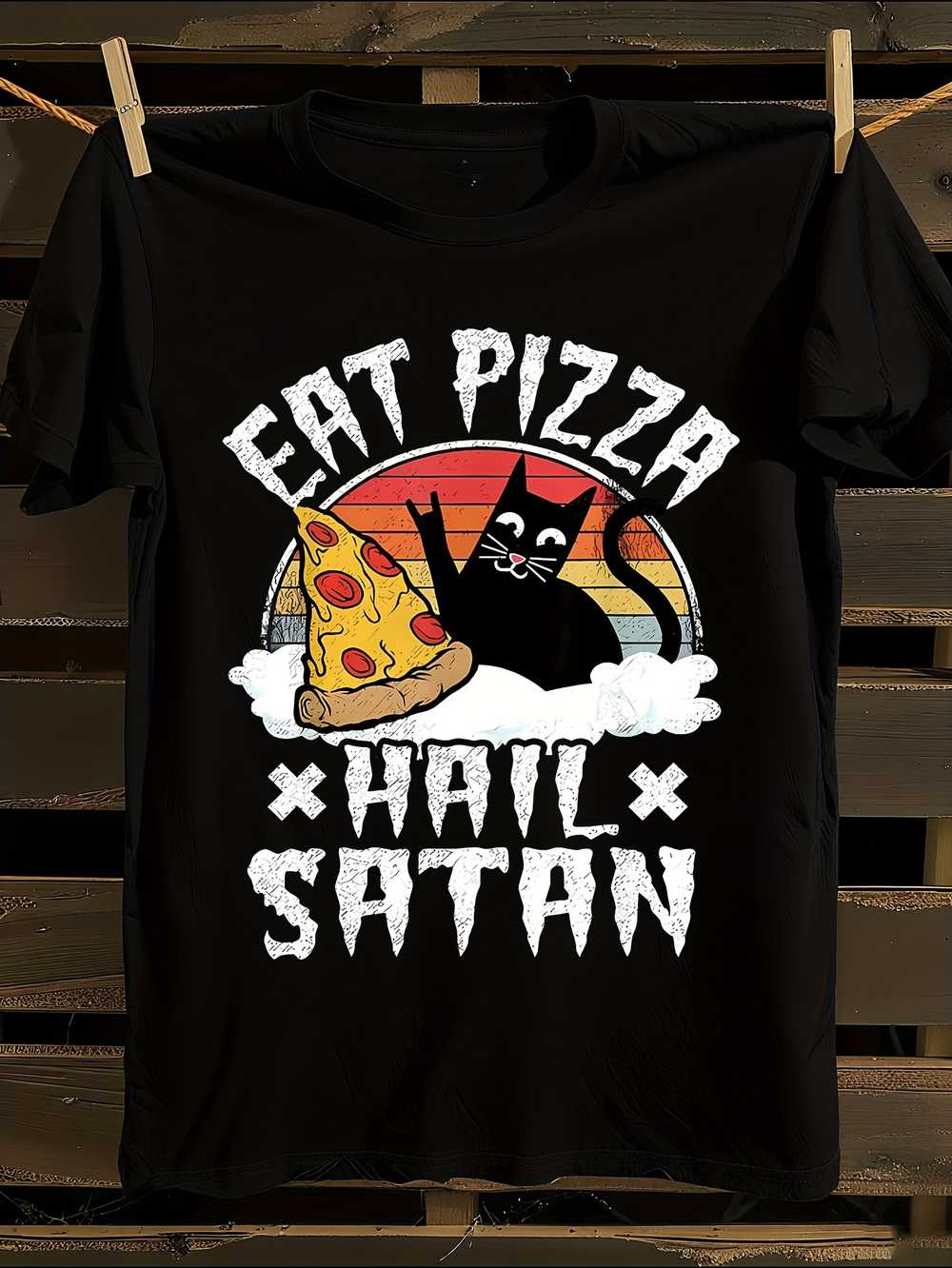Eat Pizza Hail Satan Cat Graphic T-Shirt L
Eat Pizza Hail Satan Cat Graphic T-Shirt L