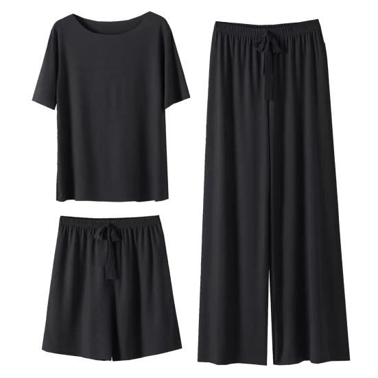Женский летний пижамный комплект из 3 шт./компл., футболка с короткими рукавами и круглым вырезом, шорты с эластичной резинкой на талии, широкие плиссированные брюки, женская домашняя одежда, комплект одежды для сна чёрный
Женский летний пижамный комплект из 3 шт./компл., футболка с короткими рукавами и круглым вырезом, шорты с эластичной резинкой на талии, широкие плиссированные брюки, женская домашняя одежда, комплект одежды для сна чёрный