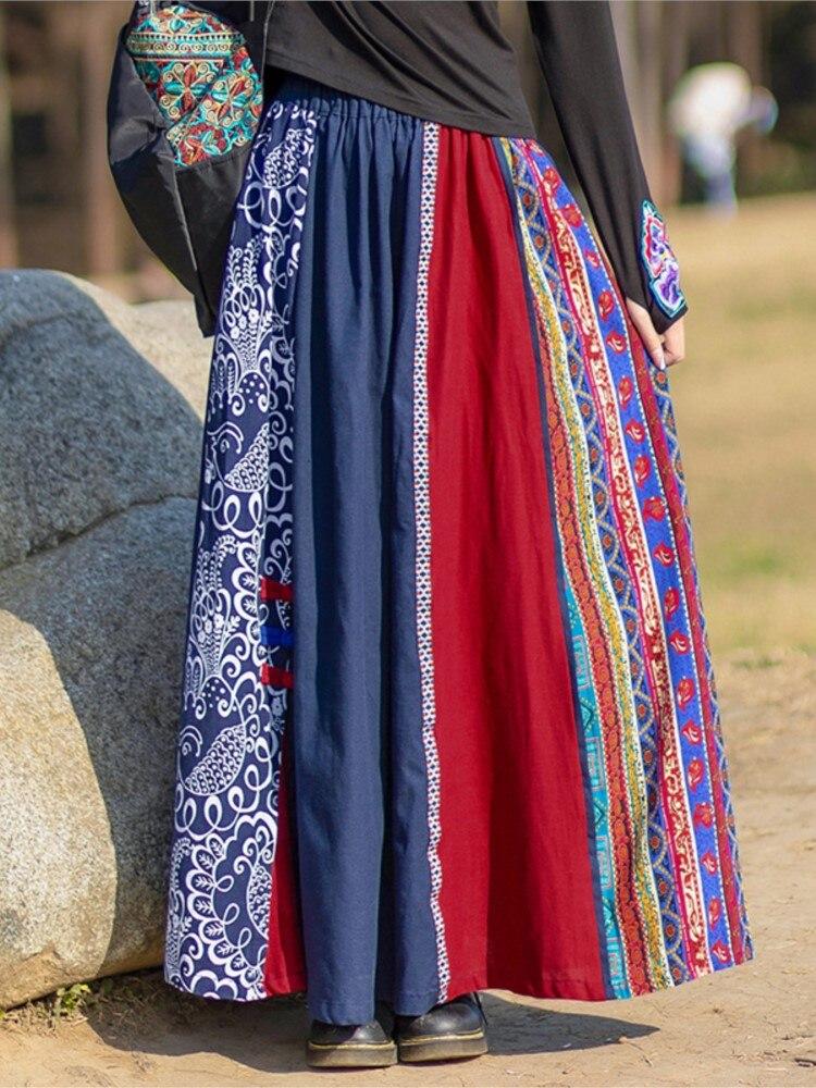 Johnature женские винтажные лоскутные плиссированные юбки с эластичной резинкой на талии, хлопковая льняная женская одежда, осенние юбки в китайском стиле