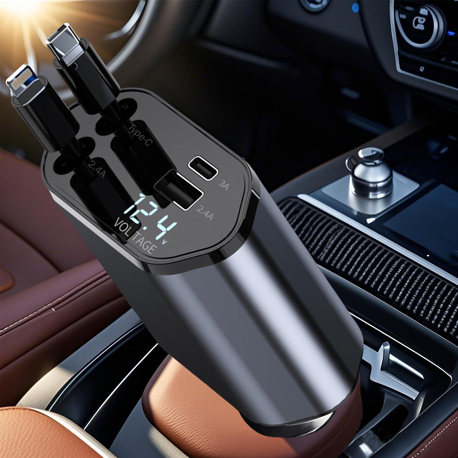 4-in-1 Retractable 66W Car Charger with Dual Cables, USB-C & USB-A Ports, LED Voltage Monitor Grey aluminum alloy shell
4-in-1 Retractable 66W Car Charger with Dual Cables, USB-C & USB-A Ports, LED Voltage Monitor Grey aluminum alloy shell