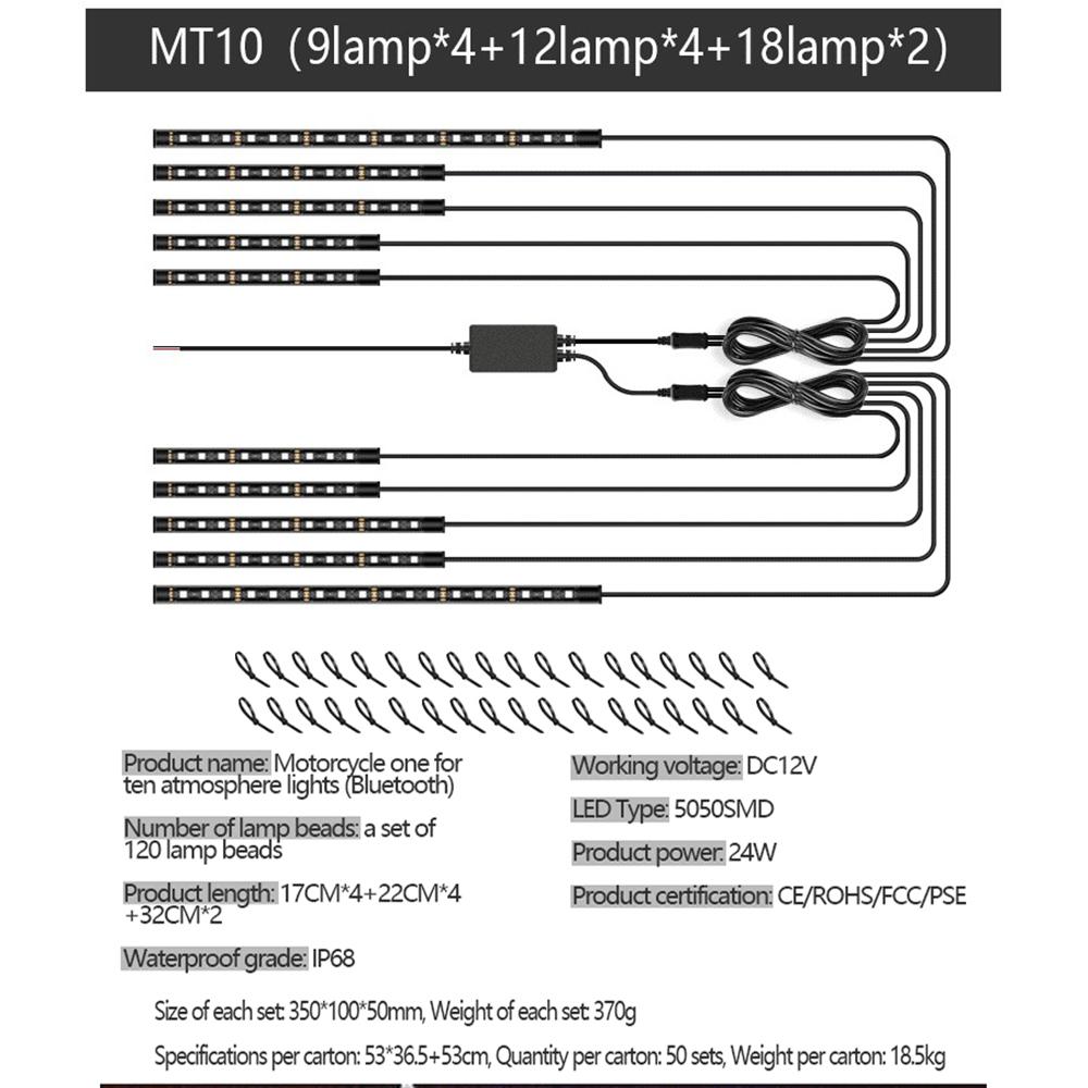 MT10 10-in-1 Silicone Light Strip Bluetooth-compatible APP Control Warning Light Motorcycle Chassis Atmosphere Light Type A
MT10 10-in-1 Silicone Light Strip Bluetooth-compatible APP Control Warning Light Motorcycle Chassis Atmosphere Light Type A