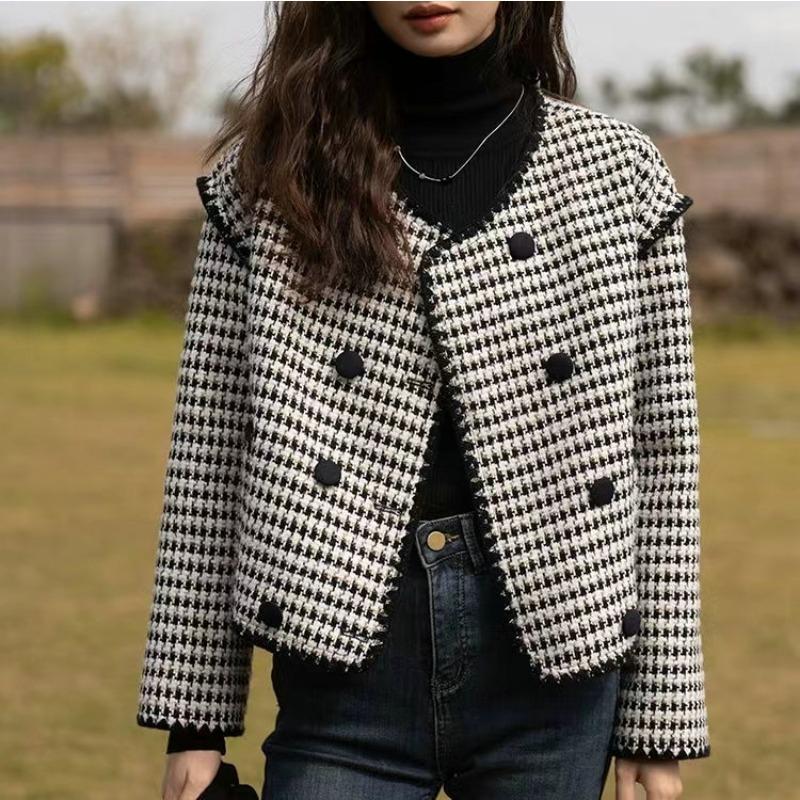 Модное маленькое ароматное шерстяное полупальто для женщин на осень и зиму, новое маленькое утолщенное шерстяное пальто в ломаную клетку для женщин L