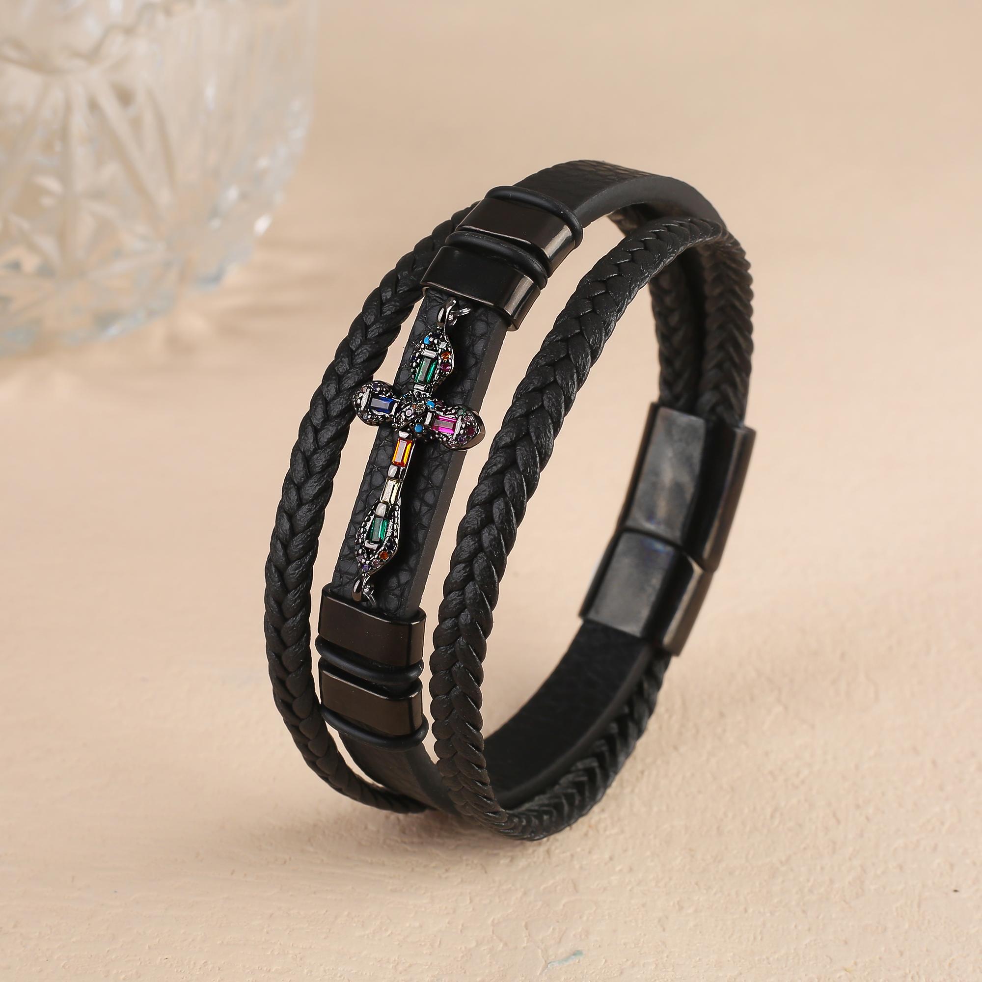 High Quality Cross Zirconia Accessories Leather Braided Men S Cuff Bracelet Fashion For Women Religious Stainless Steel Zircon 25cm чорний
High Quality Cross Zirconia Accessories Leather Braided Men S Cuff Bracelet Fashion For Women Religious Stainless Steel Zircon 25cm чорний