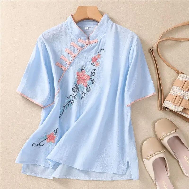 Women s Chinese Style Linen Blouse Yellow Floral Embroidery Stand Collar Short Sleeve Shirt XS синій
Women s Chinese Style Linen Blouse Yellow Floral Embroidery Stand Collar Short Sleeve Shirt XS синій