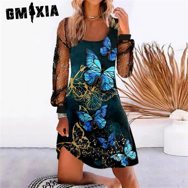 GMXIA Женские Модные Весенне-Осенние Однотонные Платья с Принтом, Длинным Рукавом, U-образным Вырезом и Завышенной Талией, Повседневные XXXL