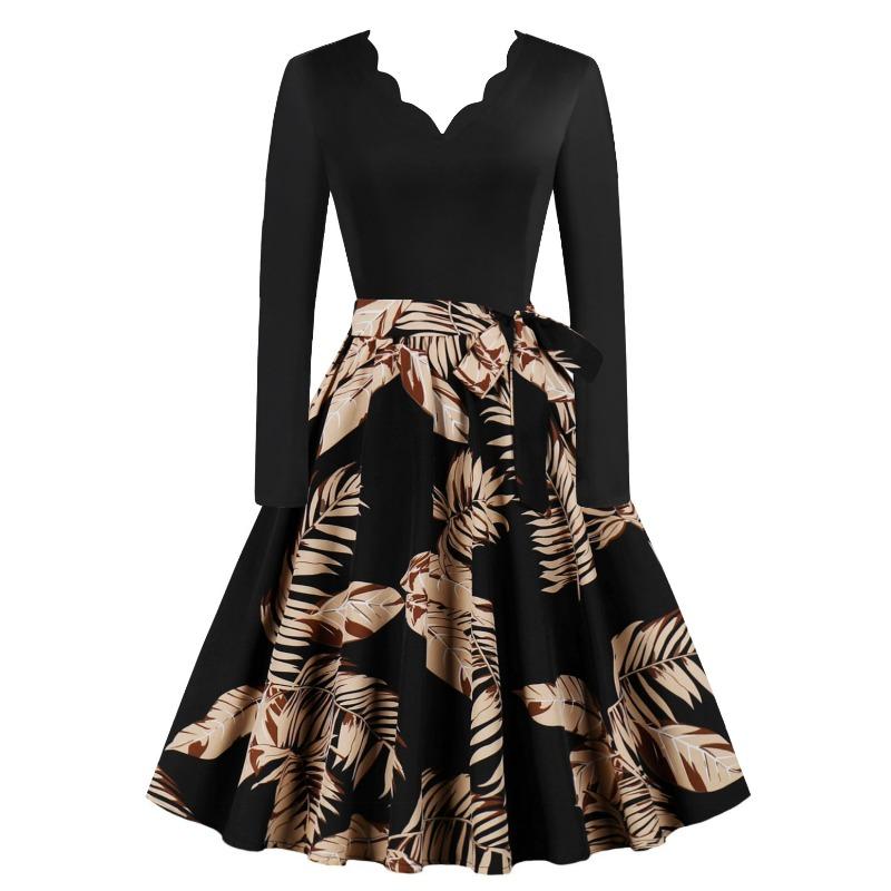 Осень и зима новая ретро женская одежда выгоревший воротник длинный рукав черное платье-маятник с принтом спеллинга XXL