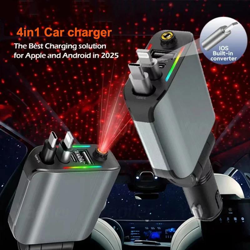 4 in1 Retractable Fast Car Charger with Roof Starlight 120W Car Charger Adapter USB Type-C Power Adapter for IOS Android Phones
4 in1 Retractable Fast Car Charger with Roof Starlight 120W Car Charger Adapter USB Type-C Power Adapter for IOS Android Phones