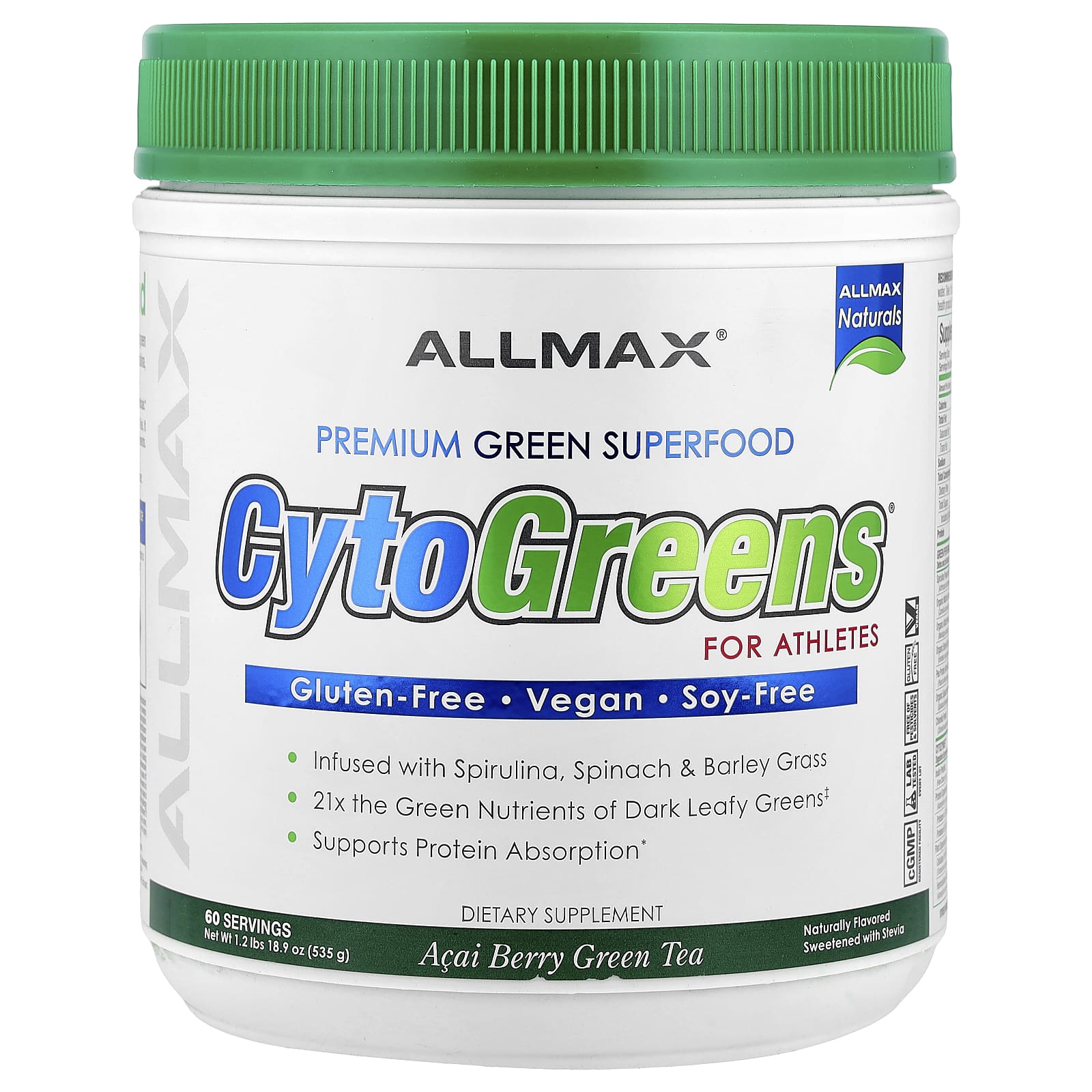 Cytogreens, Premium Green Superfood for Athletes, Acai Berry Green Tea Flavor, 535G (1.2Lb)
Cytogreens, Premium Green Superfood for Athletes, Acai Berry Green Tea Flavor, 535G (1.2Lb)