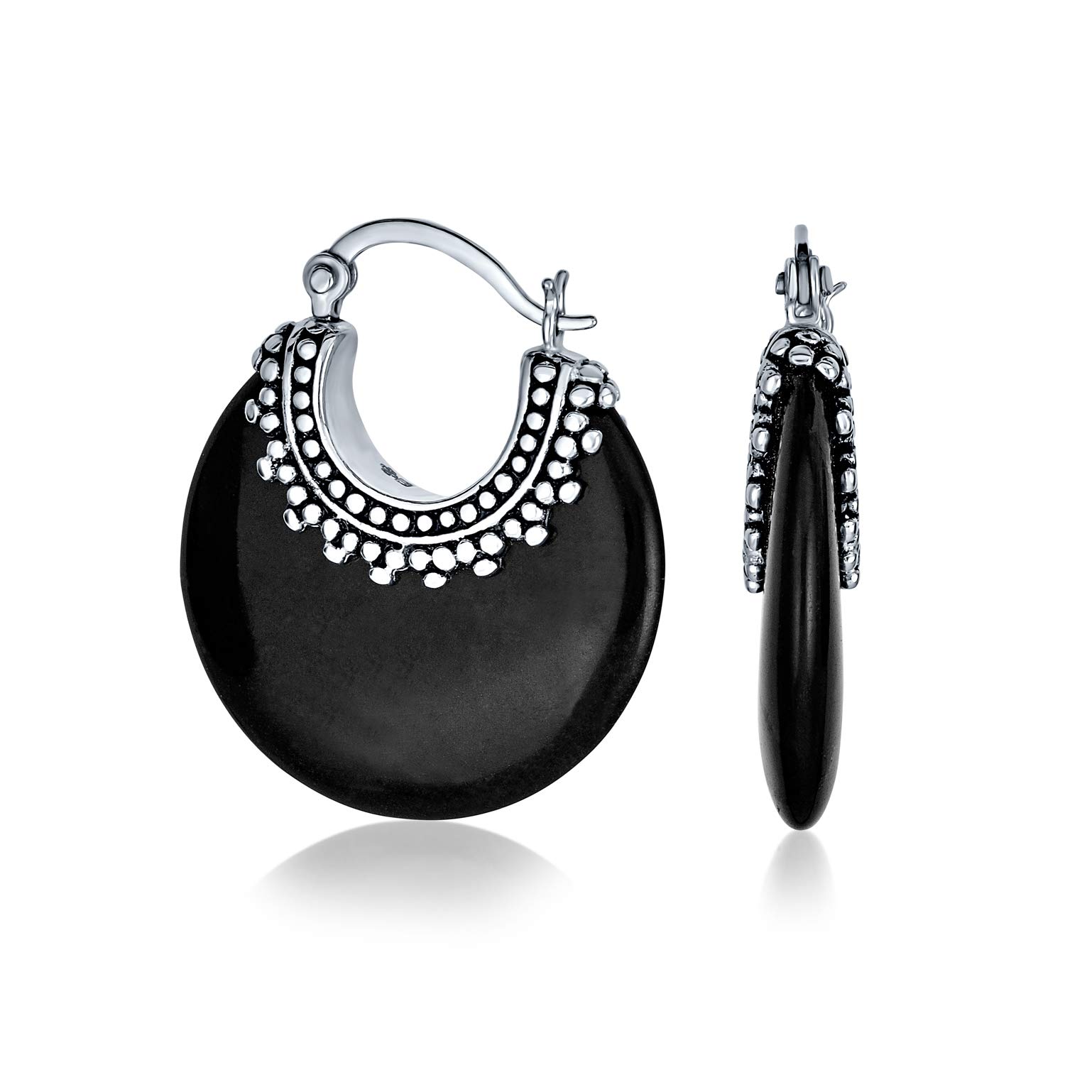 Boho Western Style Tribal Authentic Black Onyx Round Half Crescent Hoop Earrings for Women Oxidized Milgrain Caviar Beads Sterling Silver .925
Boho Western Style Tribal Authentic Black Onyx Round Half Crescent Hoop Earrings for Women Oxidized Milgrain Caviar Beads Sterling Silver .925