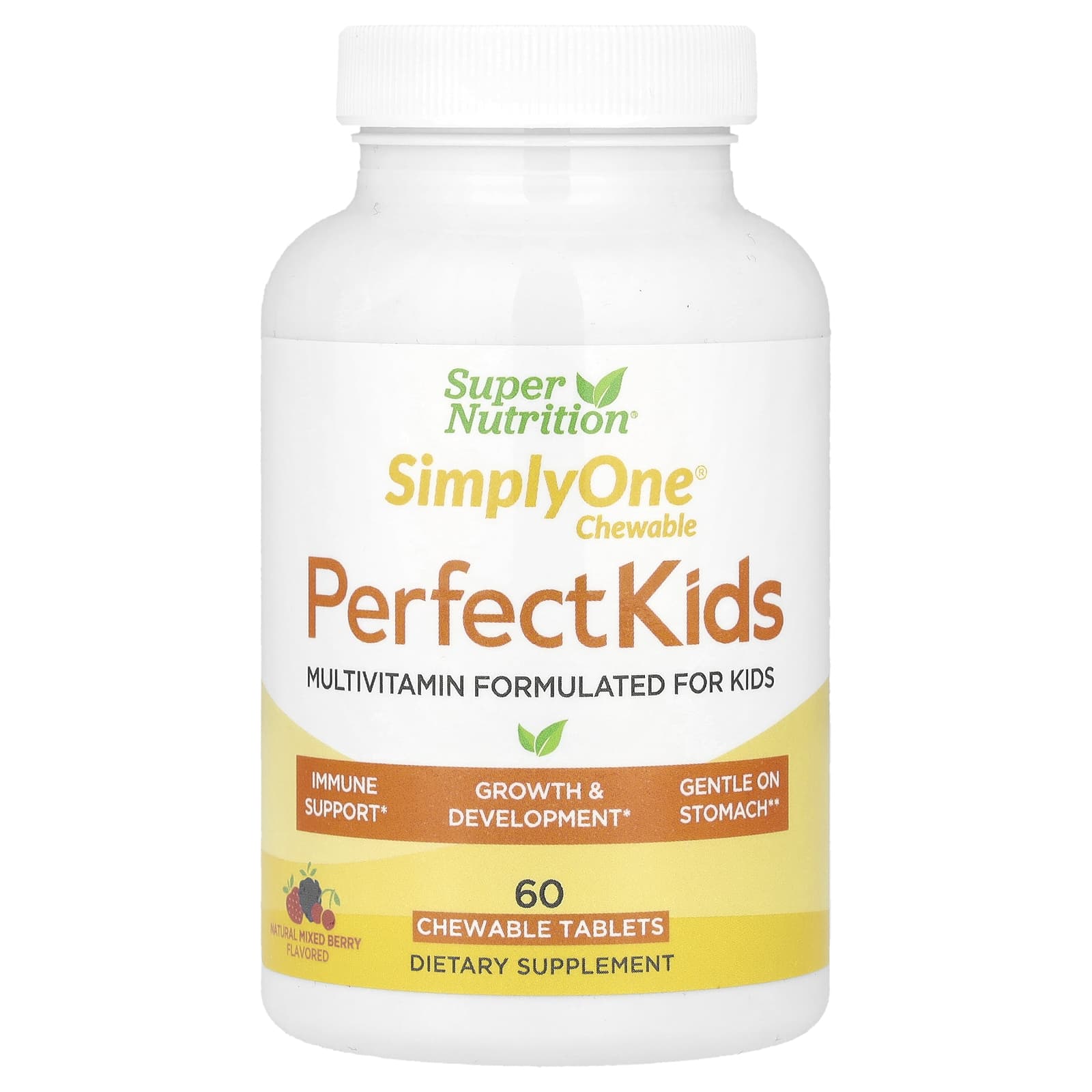 Super Nutrition, Perfect Kids Complete Multivitamin, зі смаком мішаних ягід, жувальні таблетки з овочами, 60 таблеток
Super Nutrition, Perfect Kids Complete Multivitamin, зі смаком мішаних ягід, жувальні таблетки з овочами, 60 таблеток